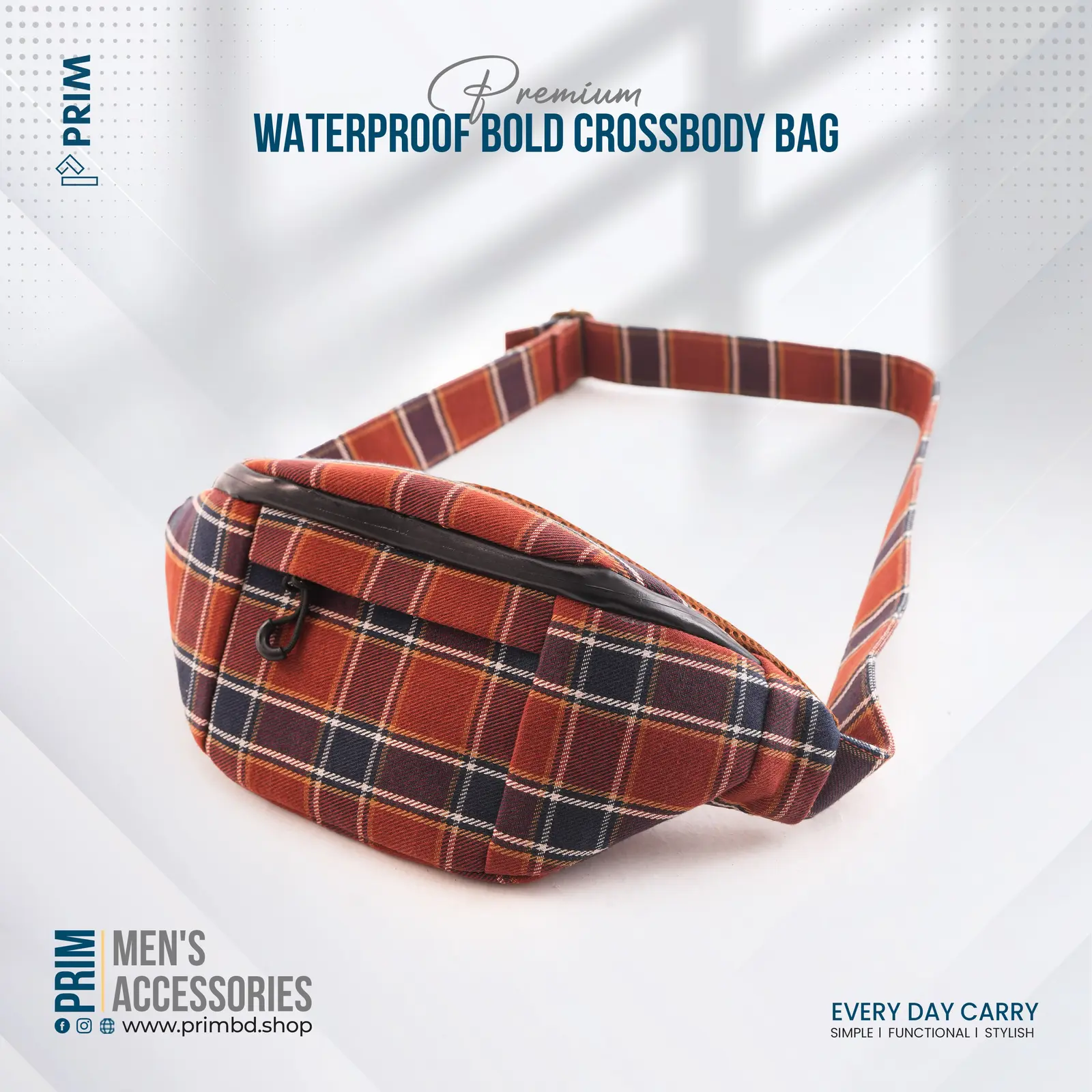 PRIM Premium Waterproof Crossbody Bag | Burnt Orange Navy Plaid