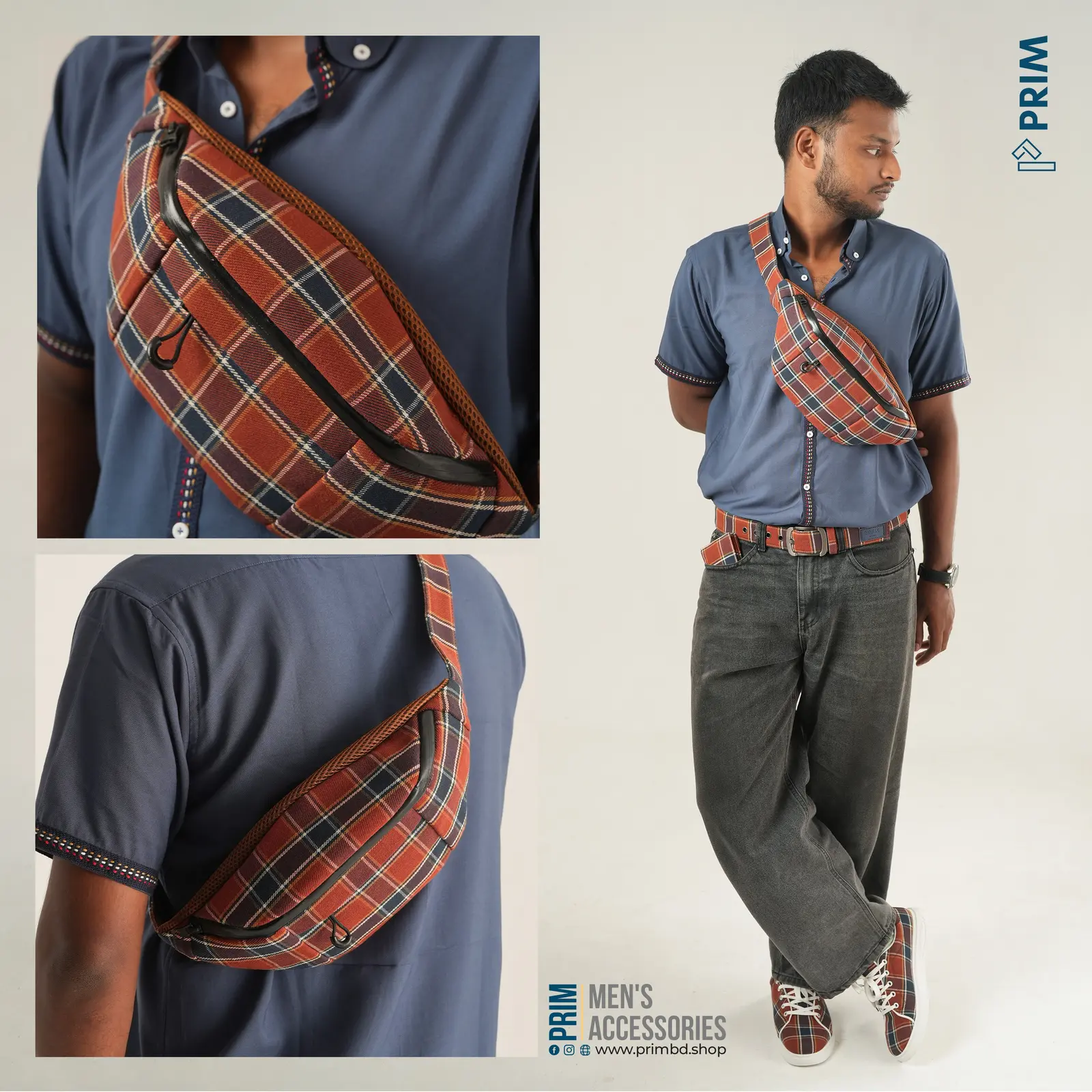 PRIM Premium Waterproof Crossbody Bag | Burnt Orange Navy Plaid