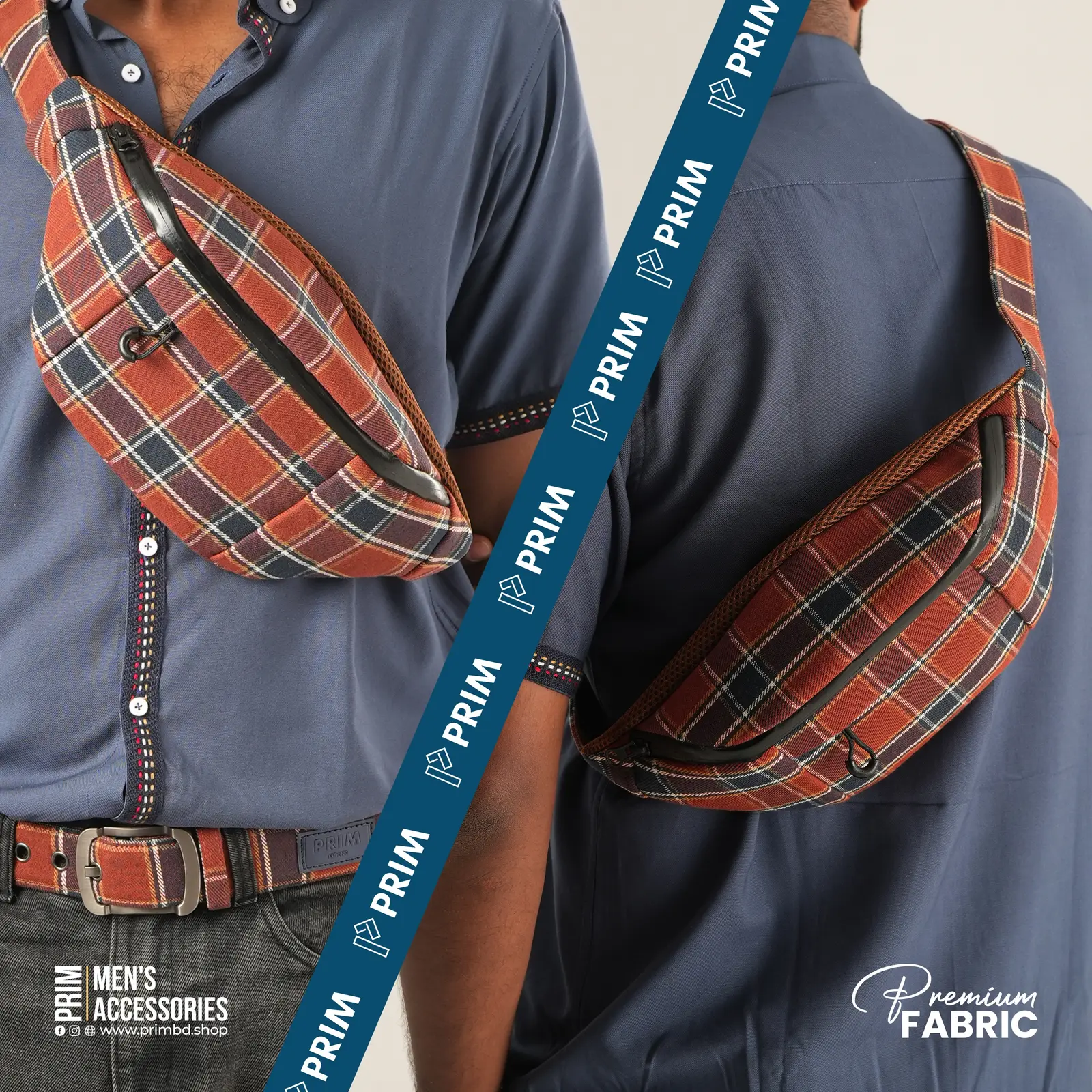 PRIM Premium Waterproof Crossbody Bag | Burnt Orange Navy Plaid