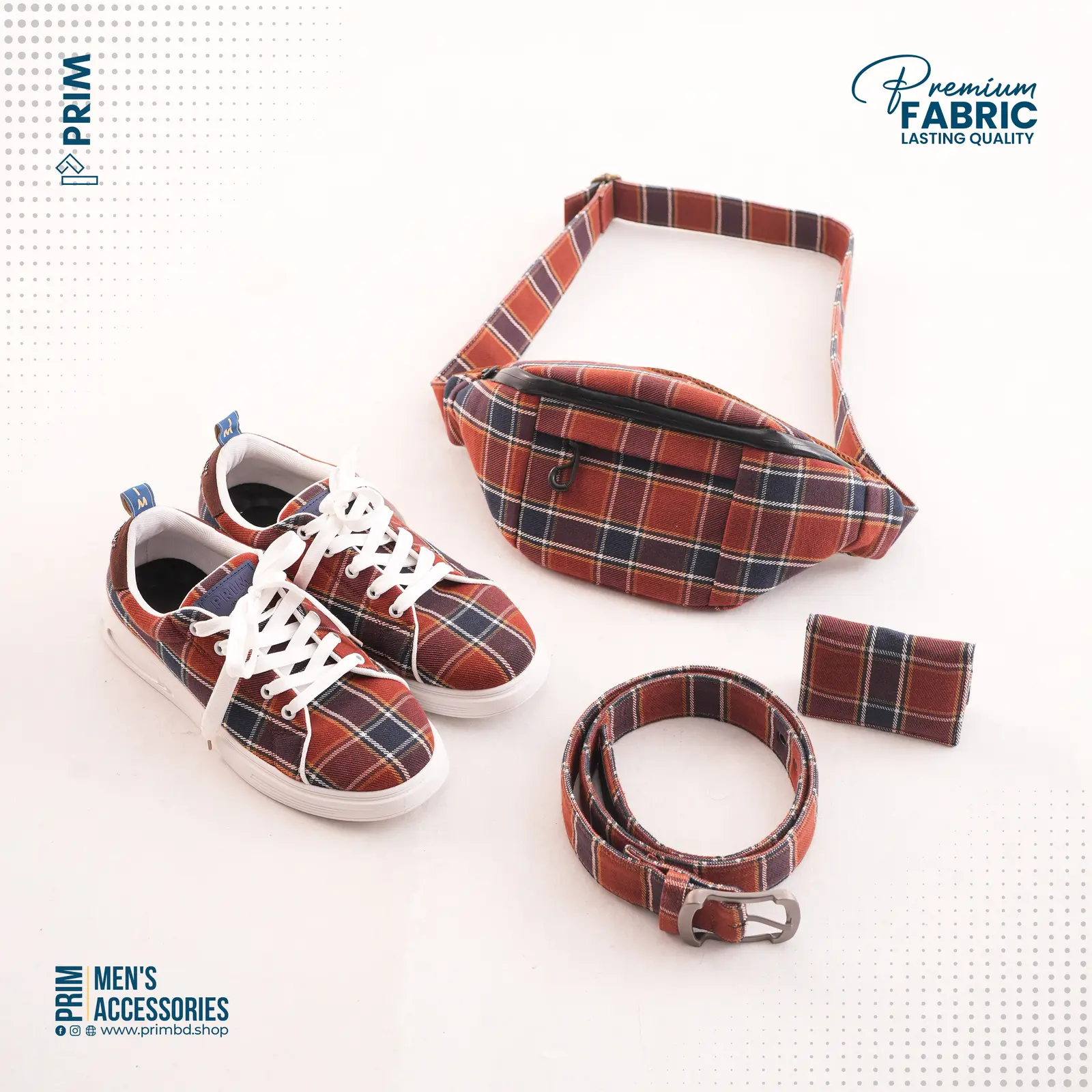PRIM Premium 4-Piece Men's Matching Combo Set | Burnt Orange Navy Plaid