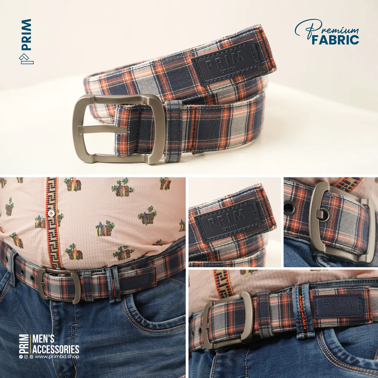 PRIM Premium Woven Belt | Navy Ivory Rust Plaid