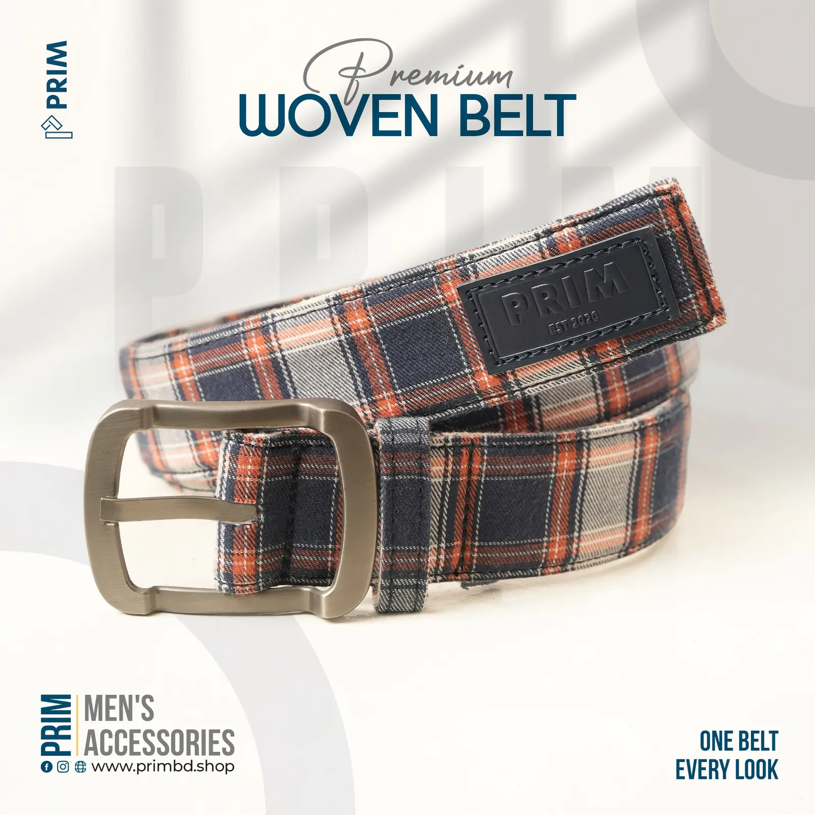 PRIM Premium Woven Belt | Navy Ivory Rust Plaid