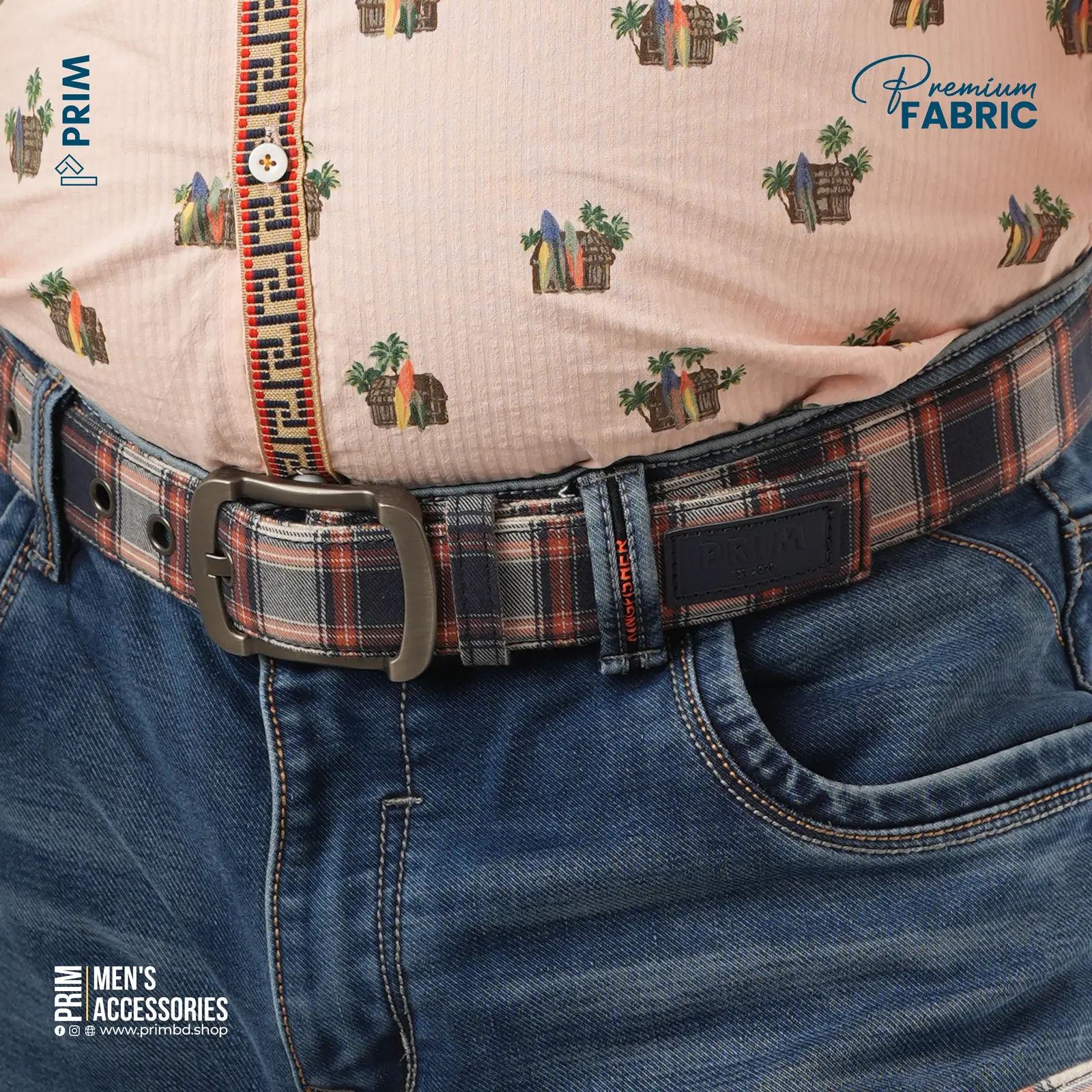 PRIM Premium Woven Belt | Navy Ivory Rust Plaid
