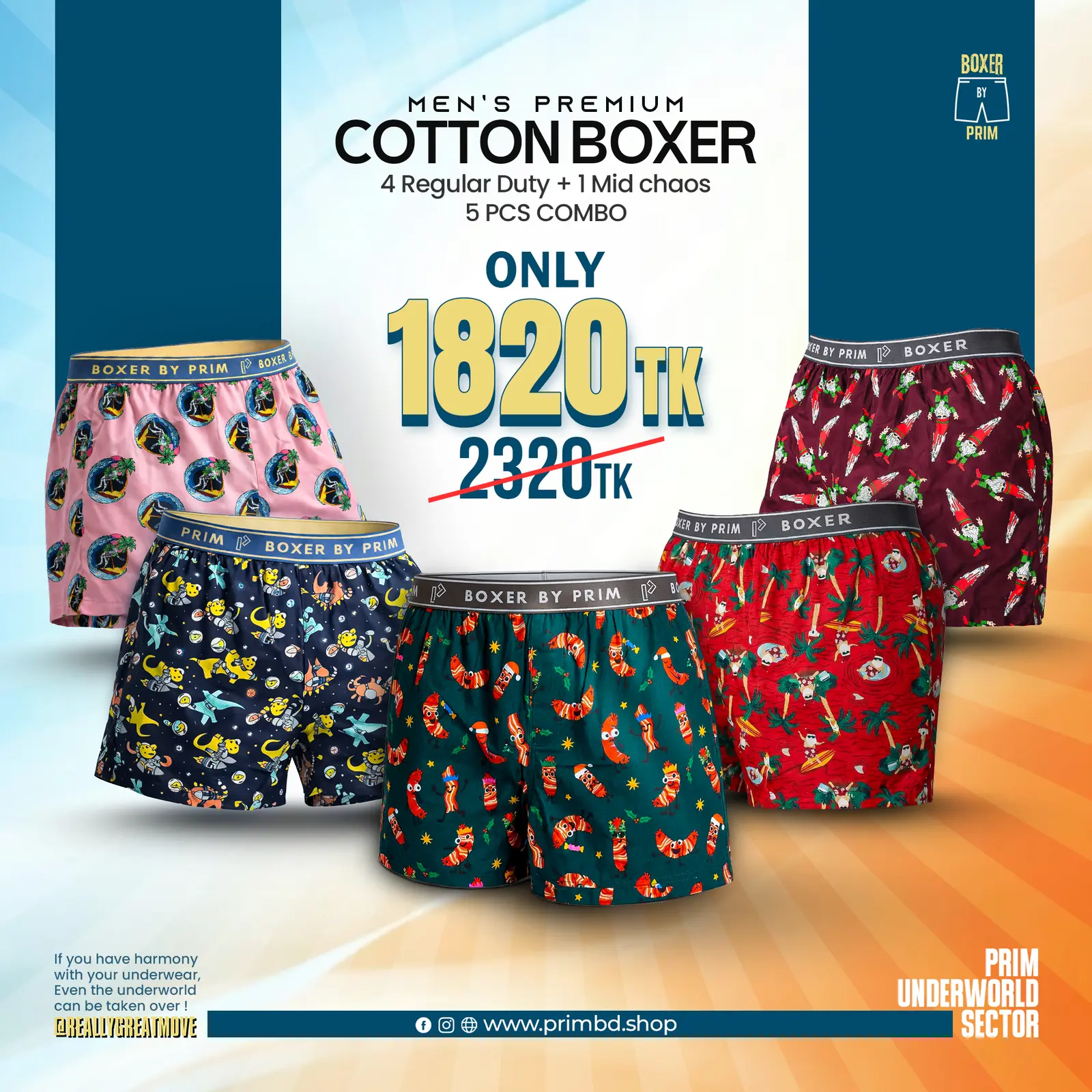 Men’s Premium Cotton Boxer 5 PCS Combo | Boxer by PRIM