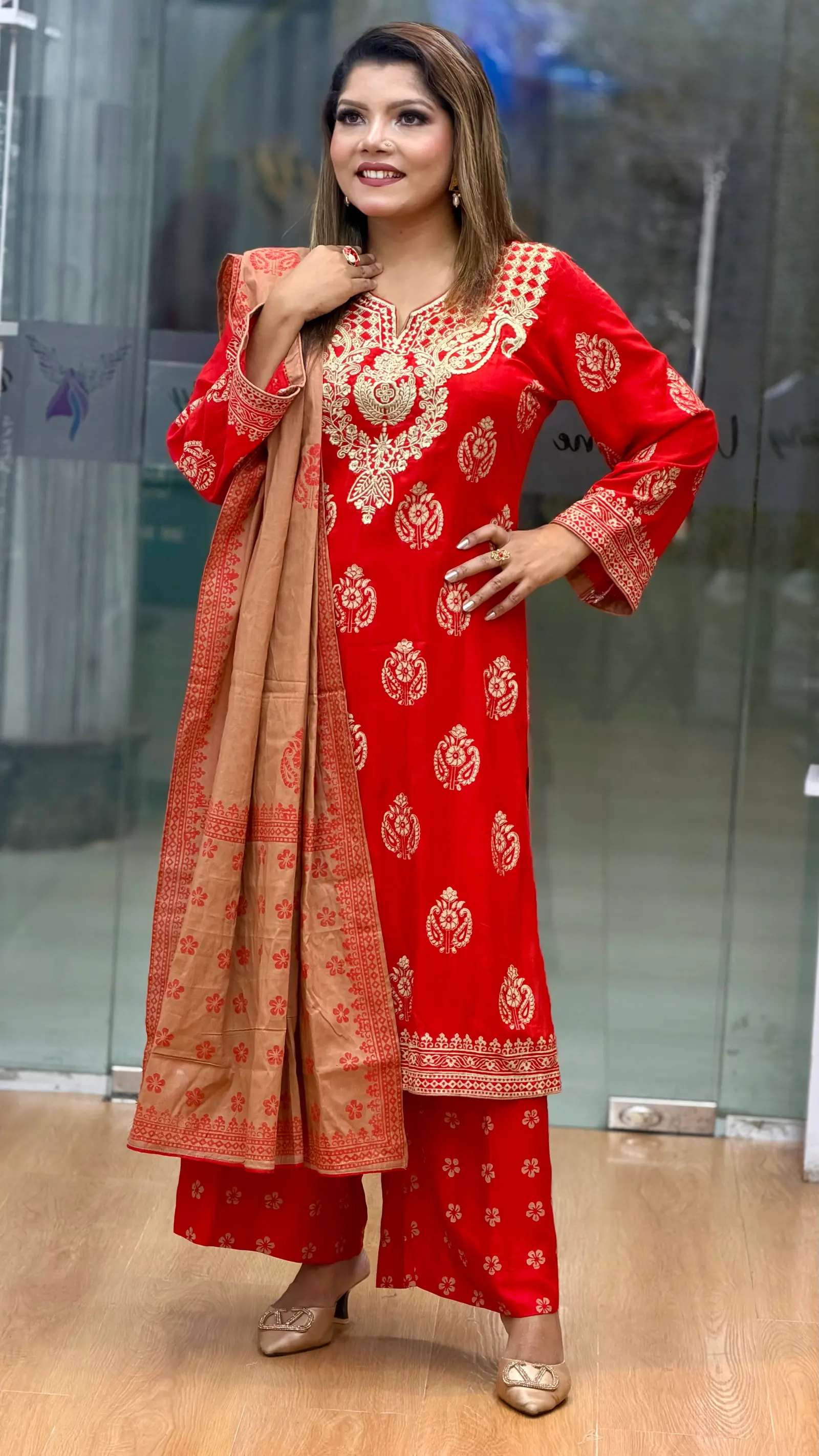 Rokto Kobori Red AC Cotton Embroidered Three-Piece Set