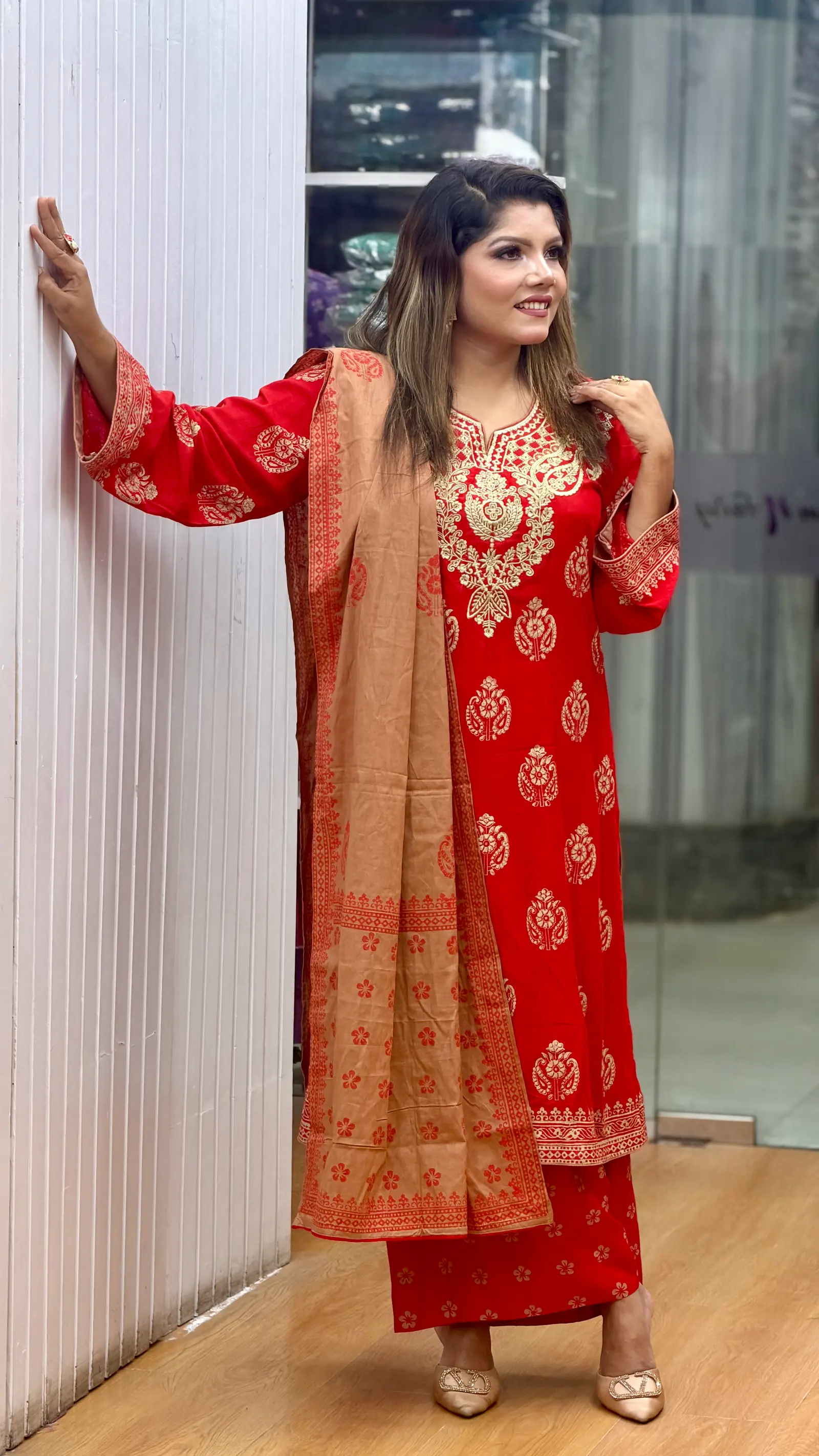 Rokto Kobori Red AC Cotton Embroidered Three-Piece Set