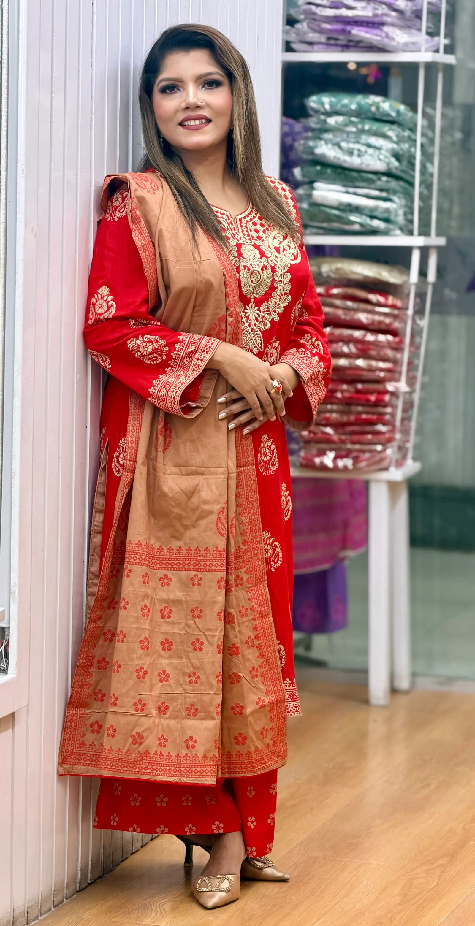 Rokto Kobori Red AC Cotton Embroidered Three-Piece Set