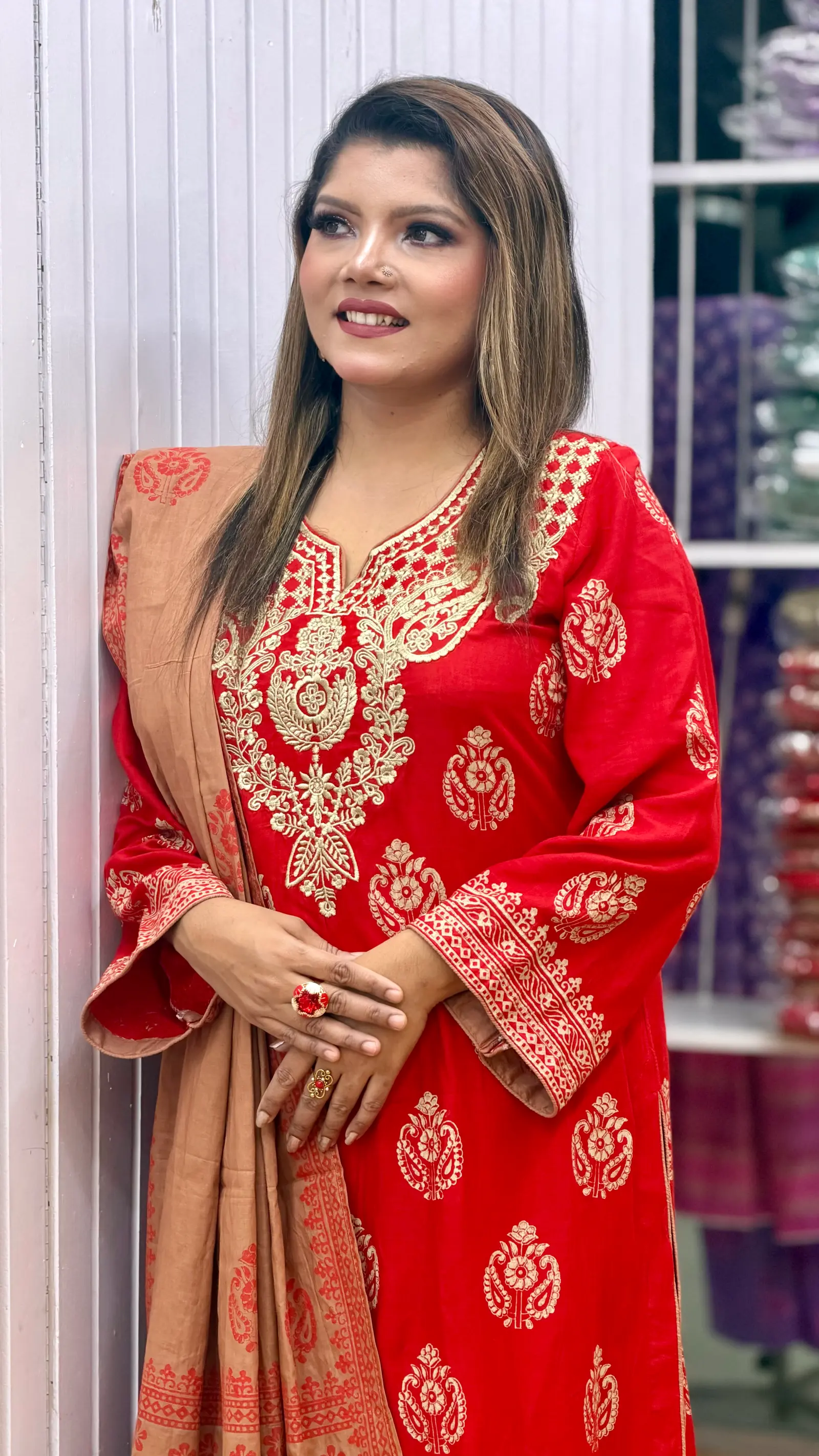 Rokto Kobori Red AC Cotton Embroidered Three-Piece Set