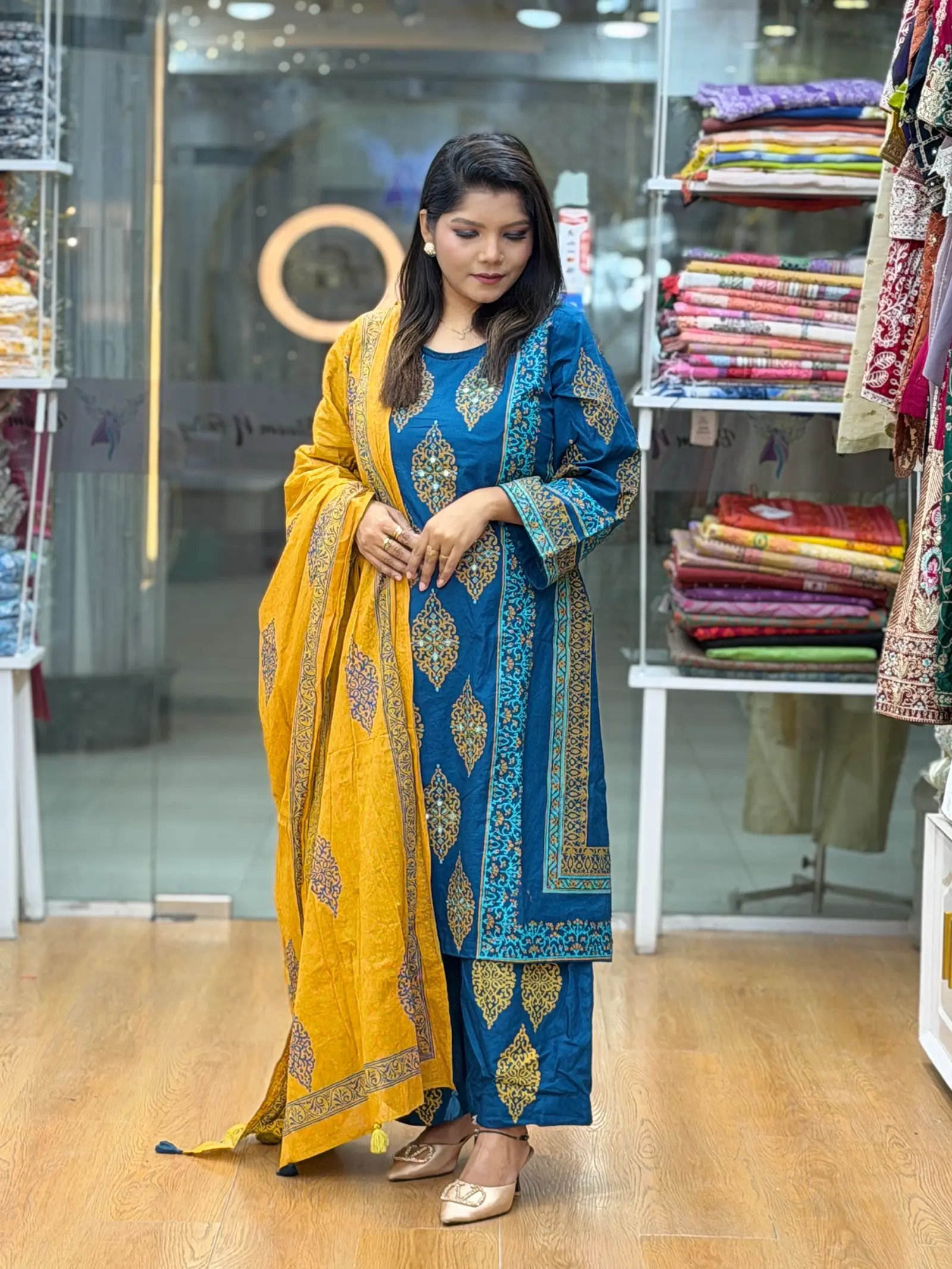 Neel Jyotsna Royal Blue and Mustard Printed Three-Piece Set