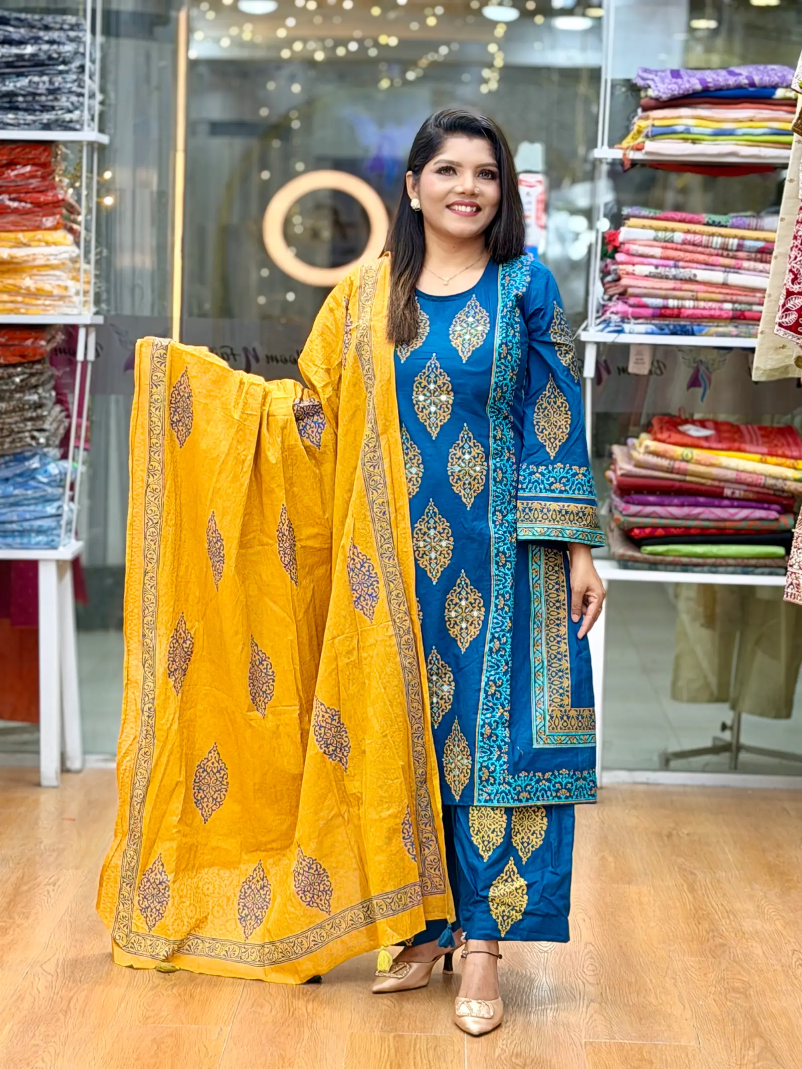 Neel Jyotsna Royal Blue and Mustard Printed Three-Piece Set