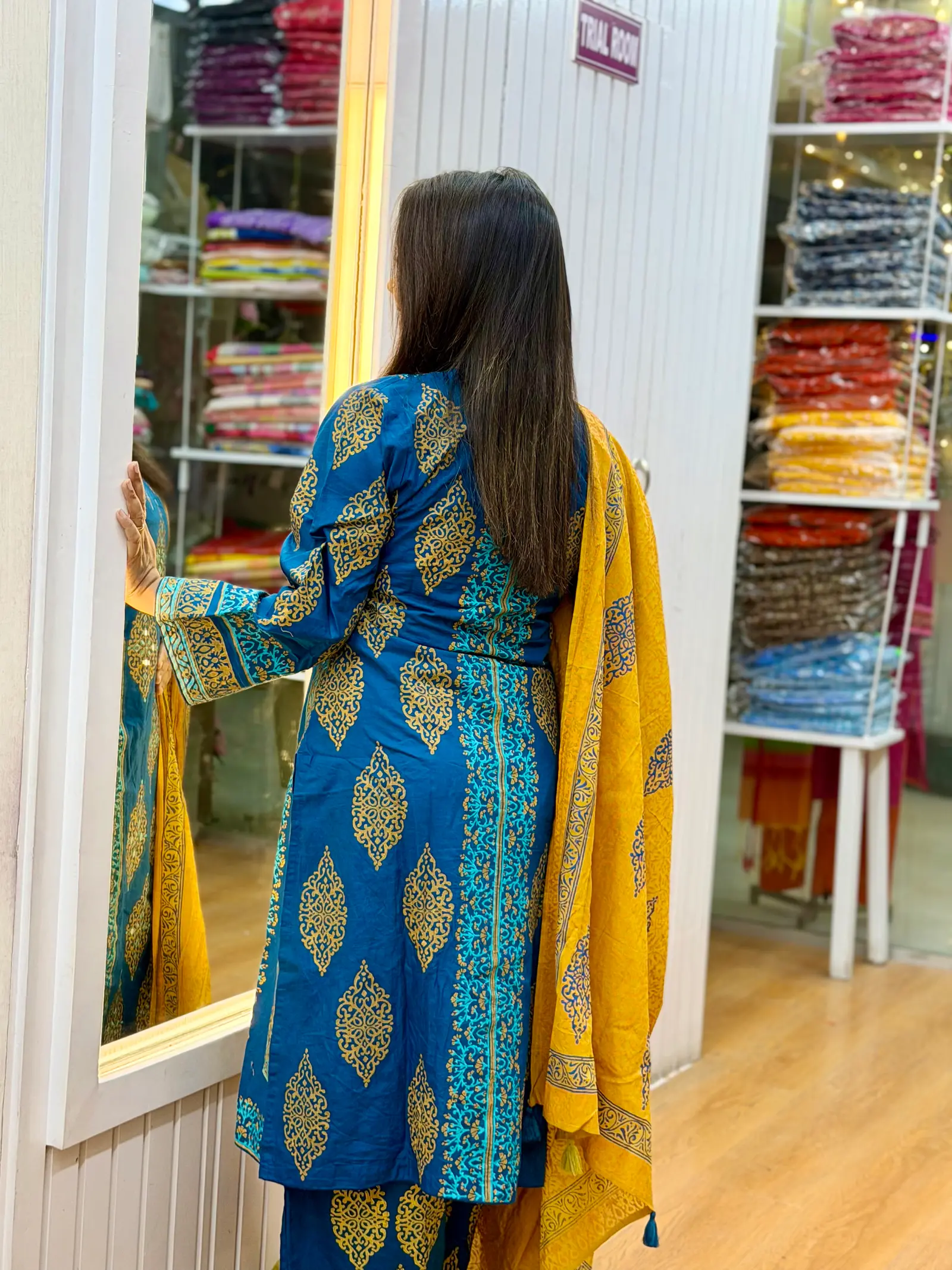 Neel Jyotsna Royal Blue and Mustard Printed Three-Piece Set
