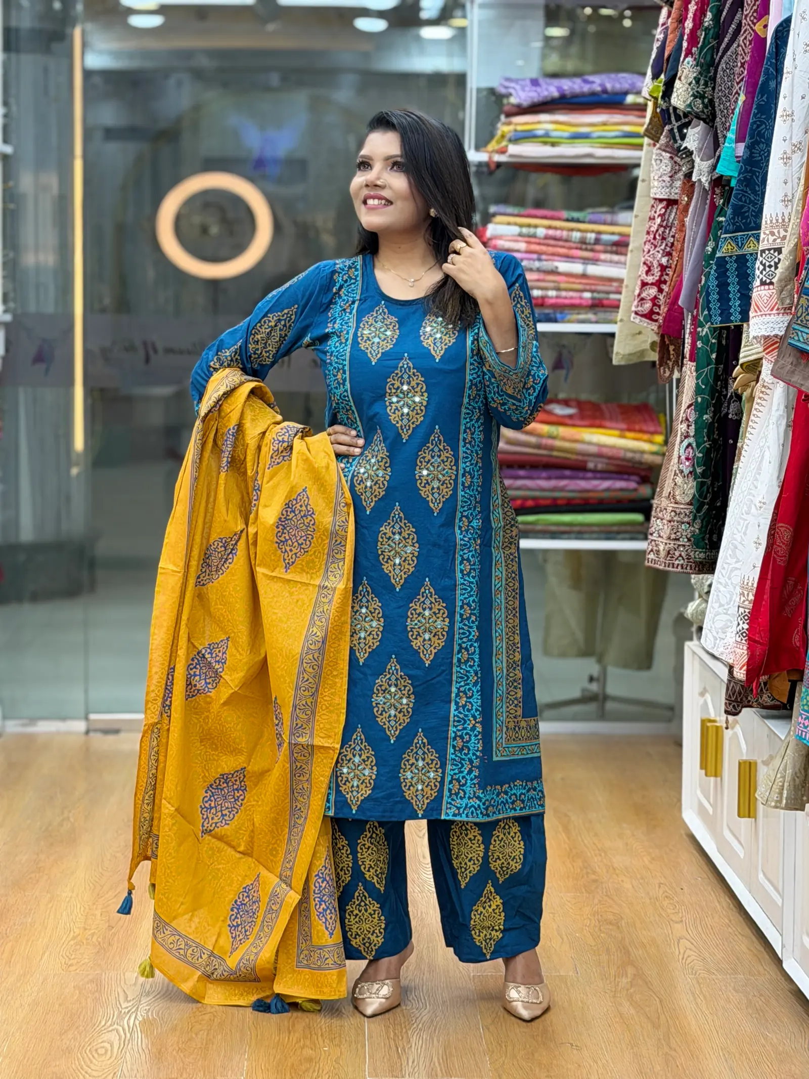 Neel Jyotsna Royal Blue and Mustard Printed Three-Piece Set