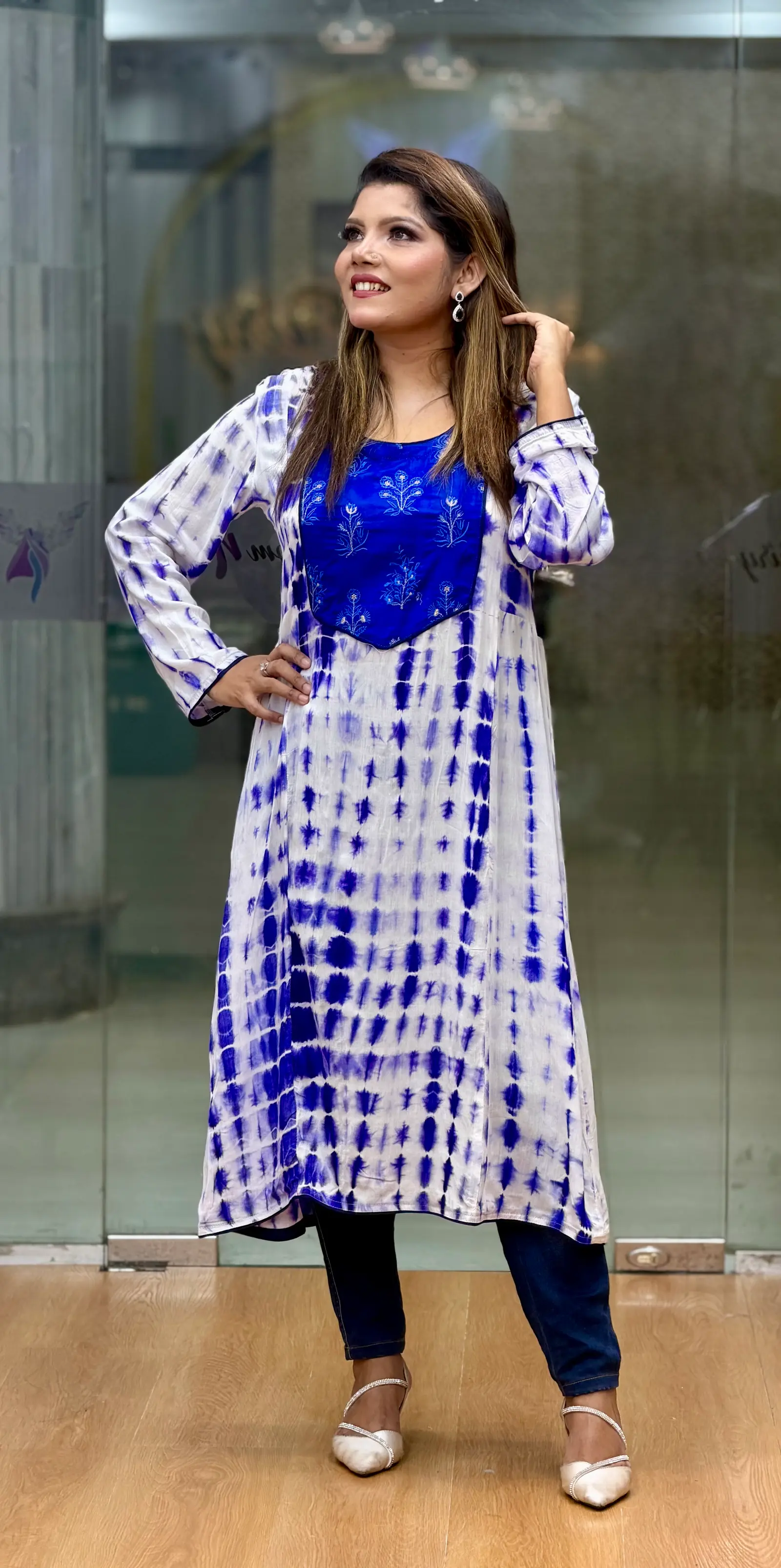 Nil Mayabini Blue Tie-Dye Embroidered Anarkali Dress