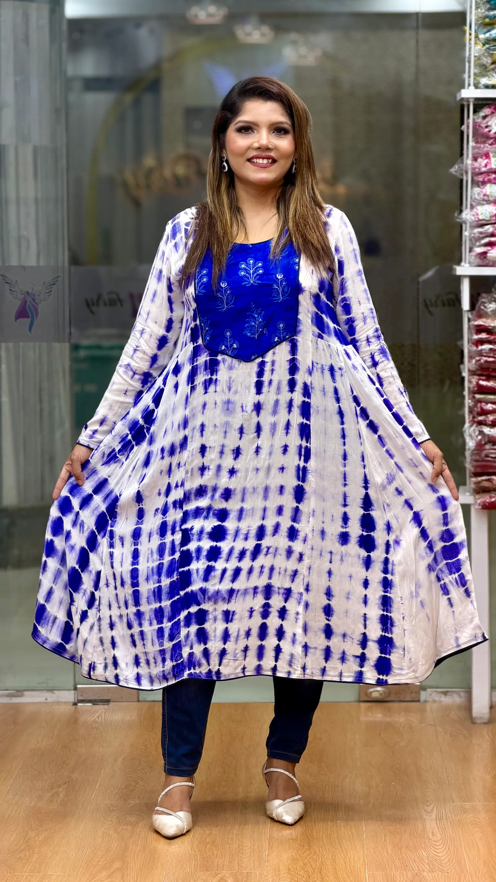 Nil Mayabini Blue Tie-Dye Embroidered Anarkali Dress