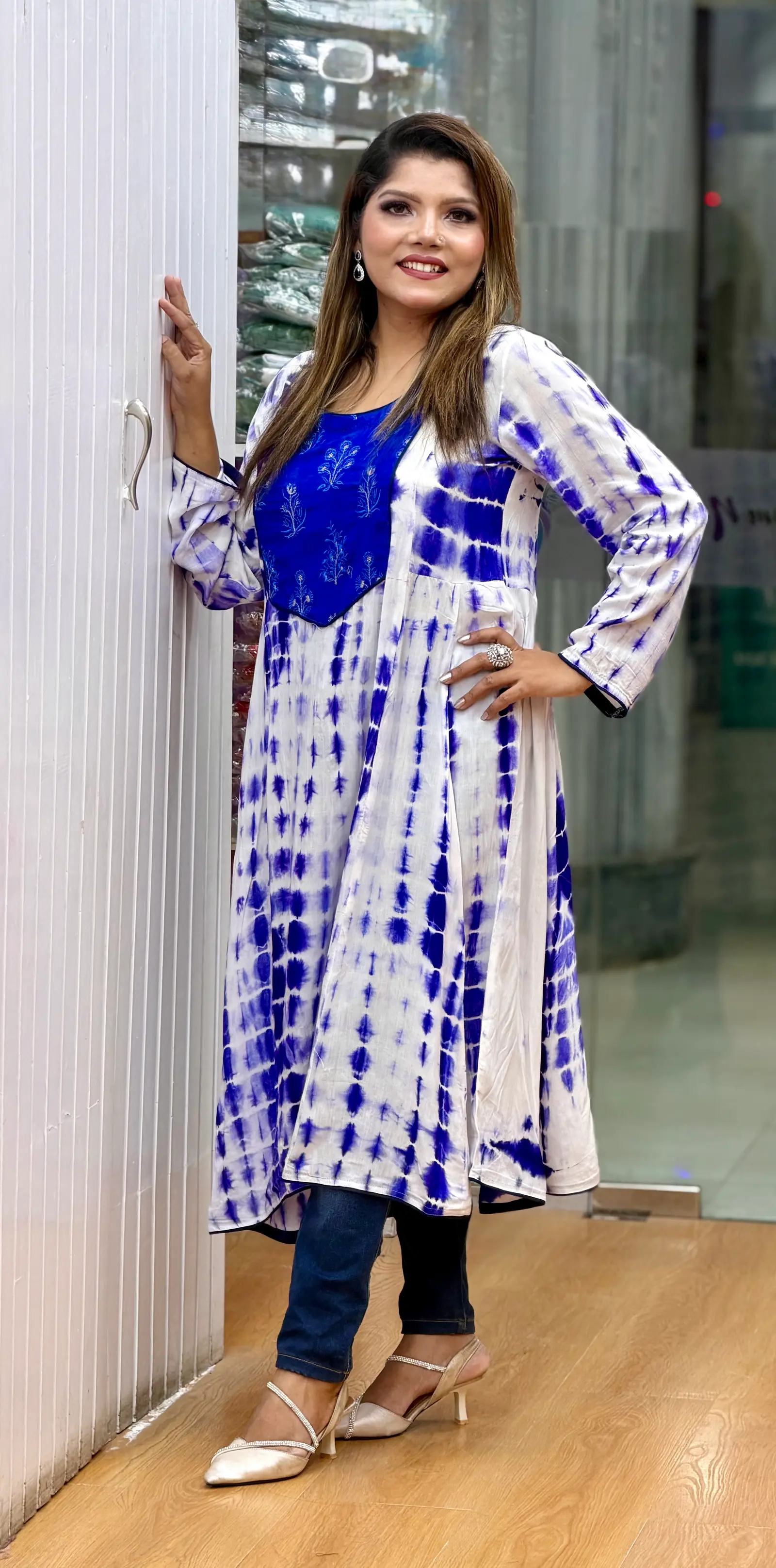 Nil Mayabini Blue Tie-Dye Embroidered Anarkali Dress