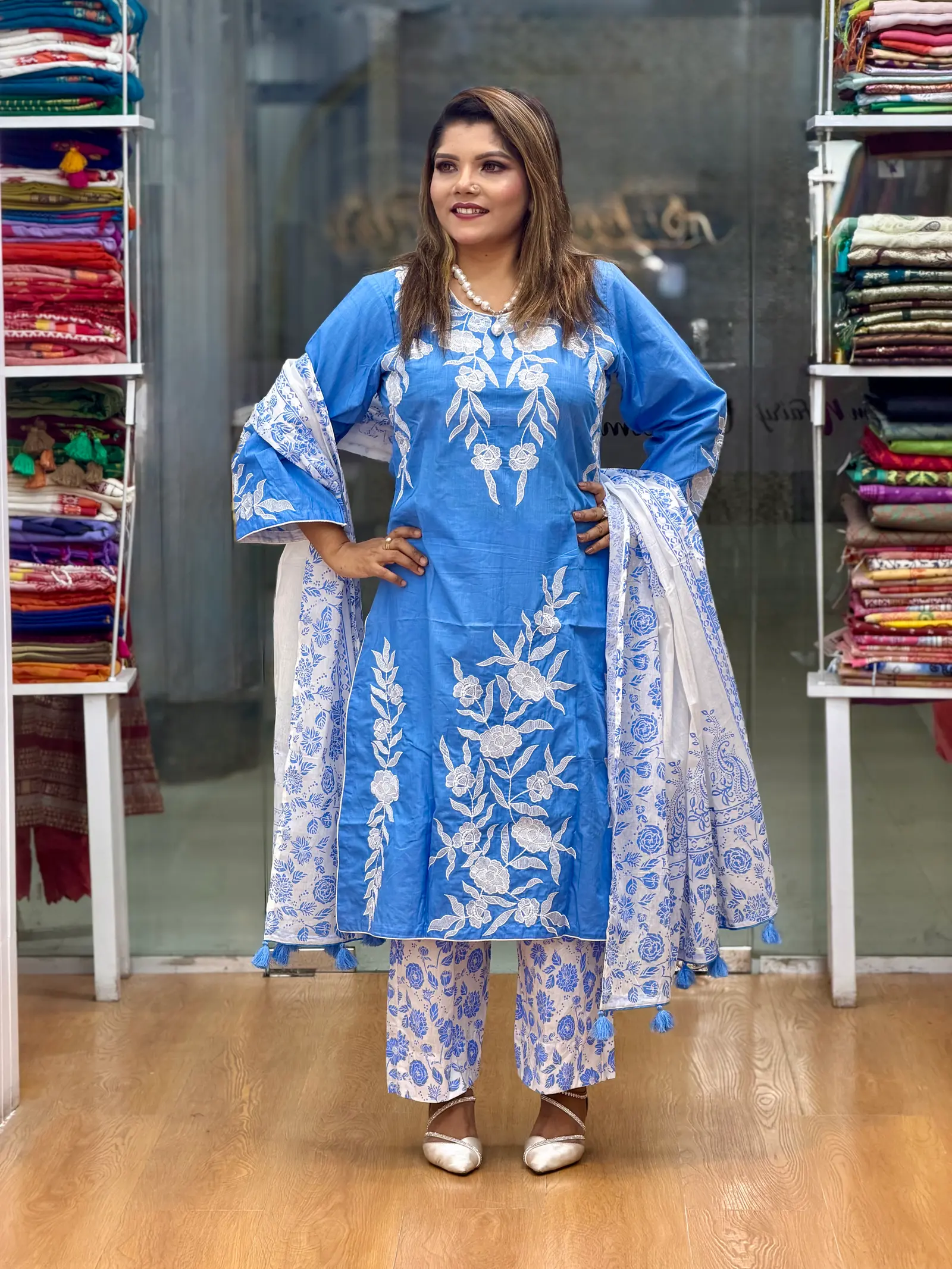 Tushar Neel Sky Blue Embroidered Three Piece | Bloom N Fairy