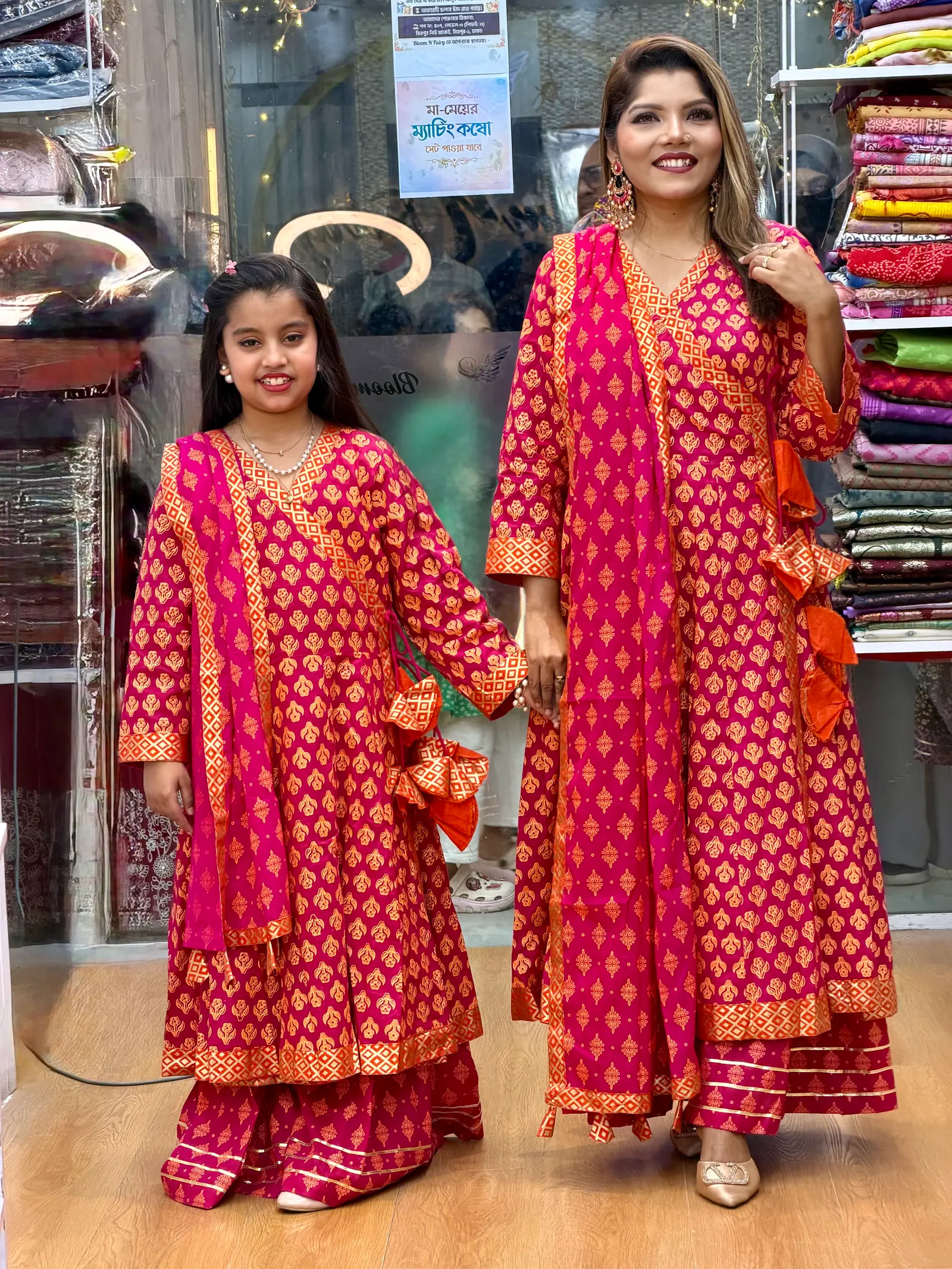Porir Juti Magenta Orange Mom Daughter Dress
