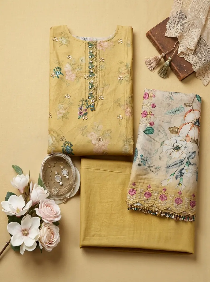 Unstitched Cotton 3-Piece with Sequin & Embroidery – Apple Pie