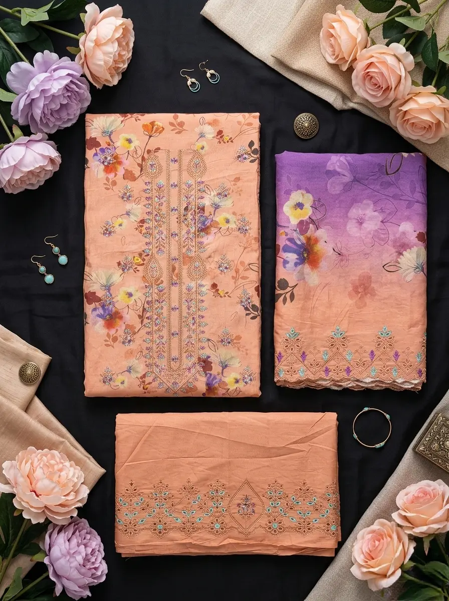 Unstitched Cotton 3-Piece with Sequin & Embroidery – Desert Coral