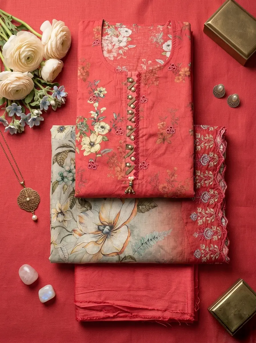 Unstitched Cotton 3-Piece with Sequin & Embroidery – Steel Red