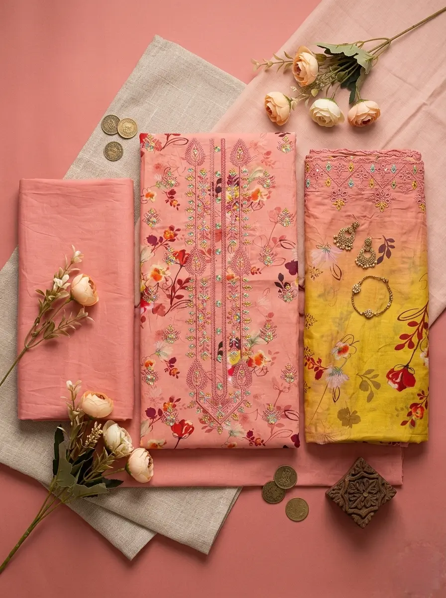 Unstitched Cotton 3-Piece with Sequin & Embroidery – Flesh Red