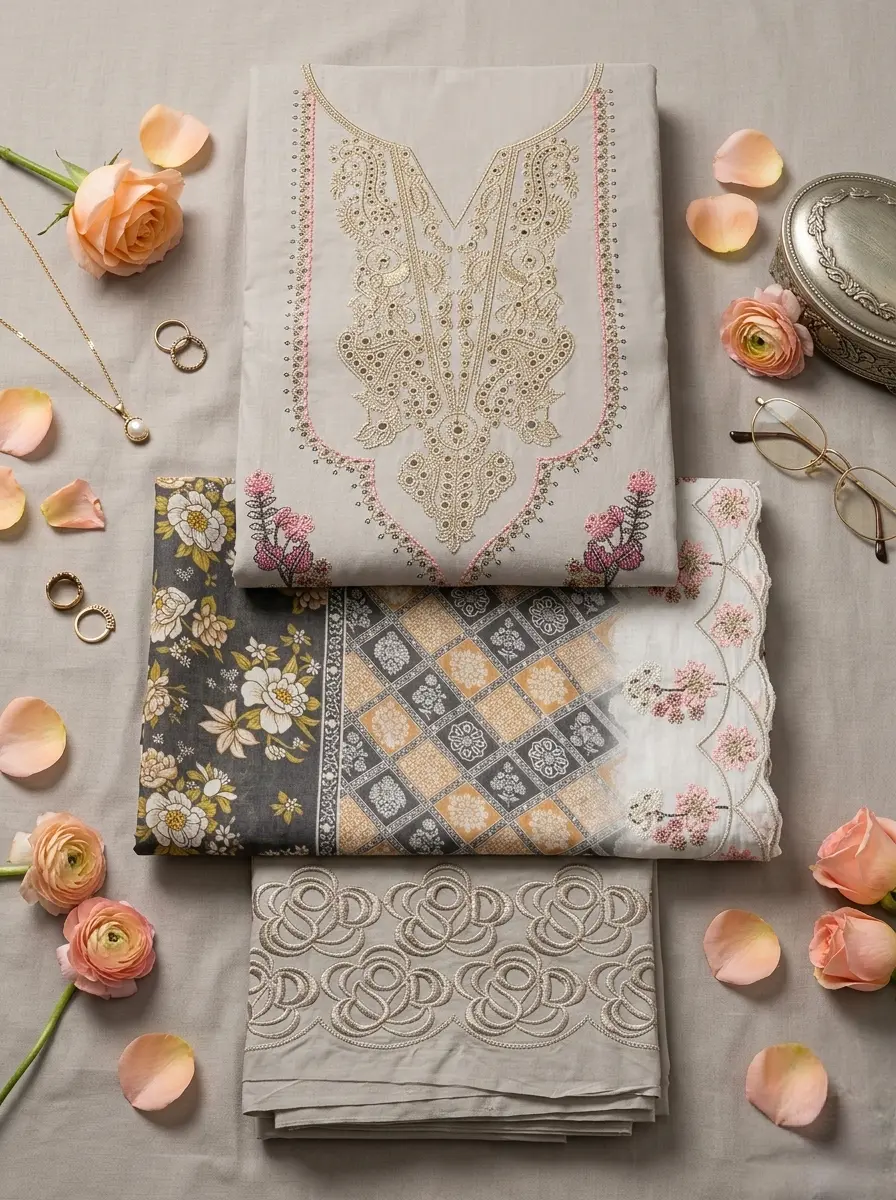 Unstitched Cotton 3-Piece with Sequin & Embroidery – Neutral Greige