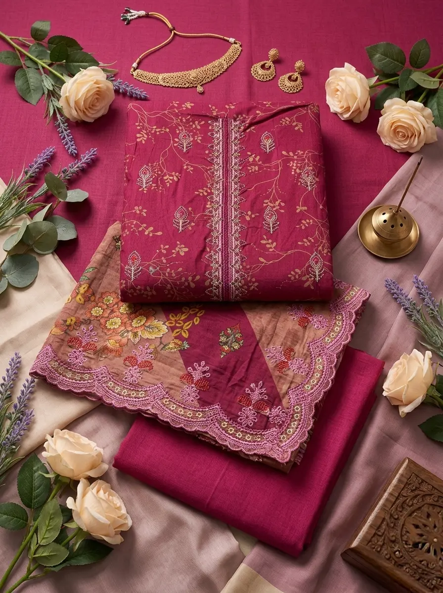 Unstitched Cotton 3-Piece with Sequin & Embroidery – Elegant Rose