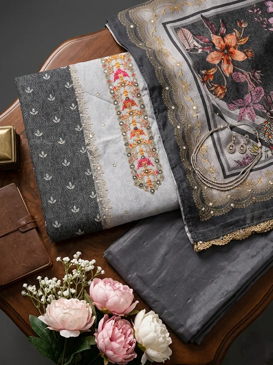 Lahori Boutique Cotton Mirror Work 3-Piece Collection – Black