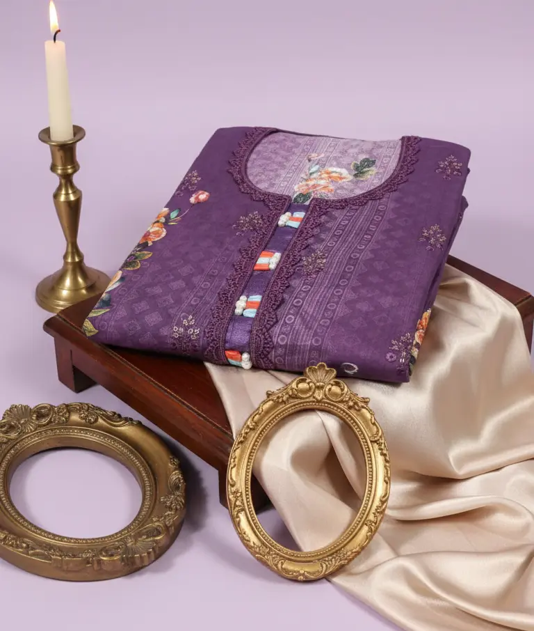 💜 Unstitched Cotton Sequence & Embroidery 3-Piece – Purple 💜