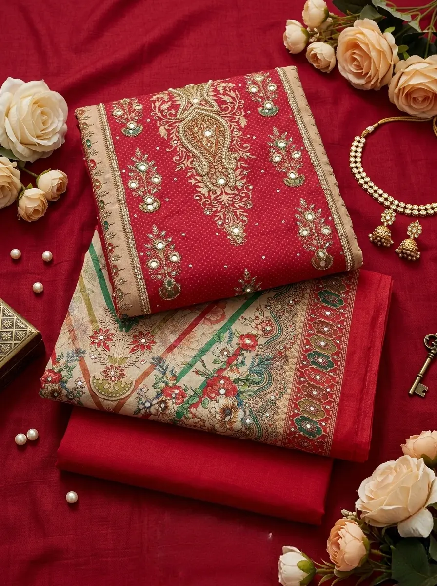 Lahori Boutique Cotton Stone & Mirror Work 3-Piece Collection – Maroon