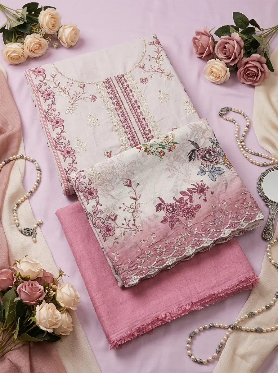 Unstitched Cotton 3-Piece with Sequin & Embroidery – Onion