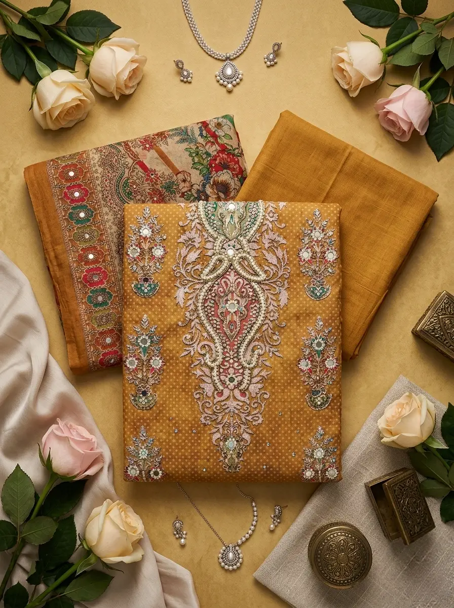 Lahori Boutique Cotton Stone & Mirror Work 3-Piece Collection – Mustard Yellow