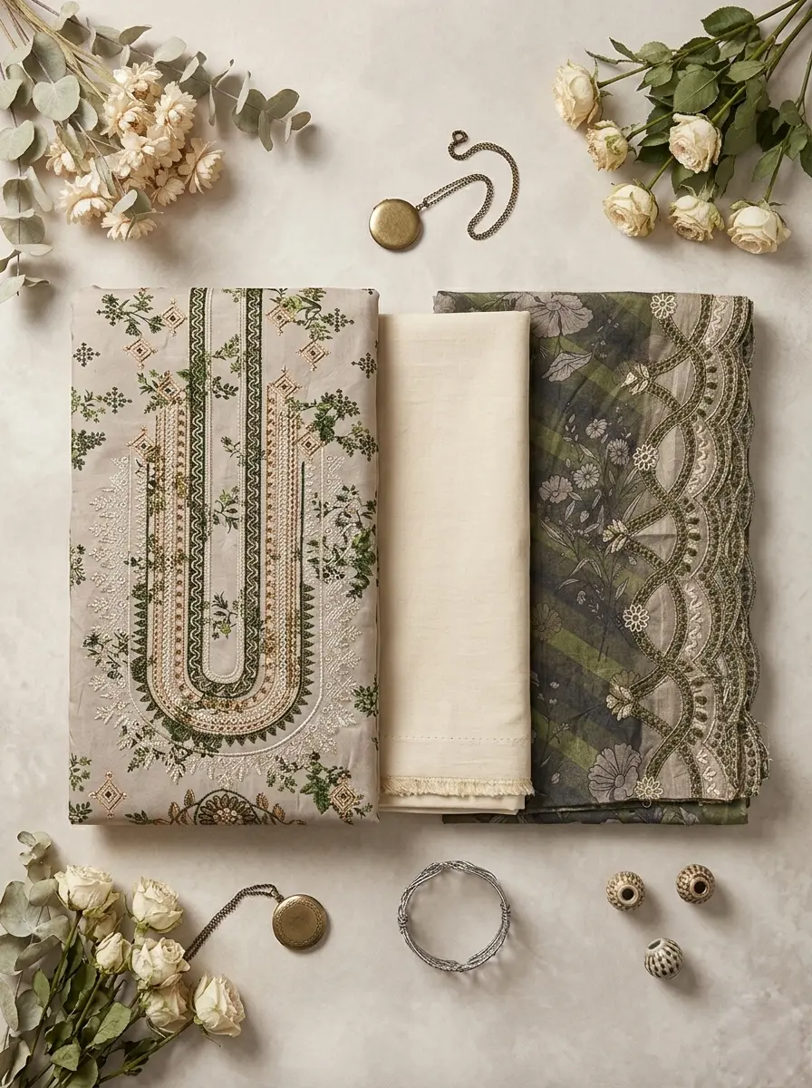 Unstitched Cotton 3-Piece with Sequin & Embroidery – Balanced Beige