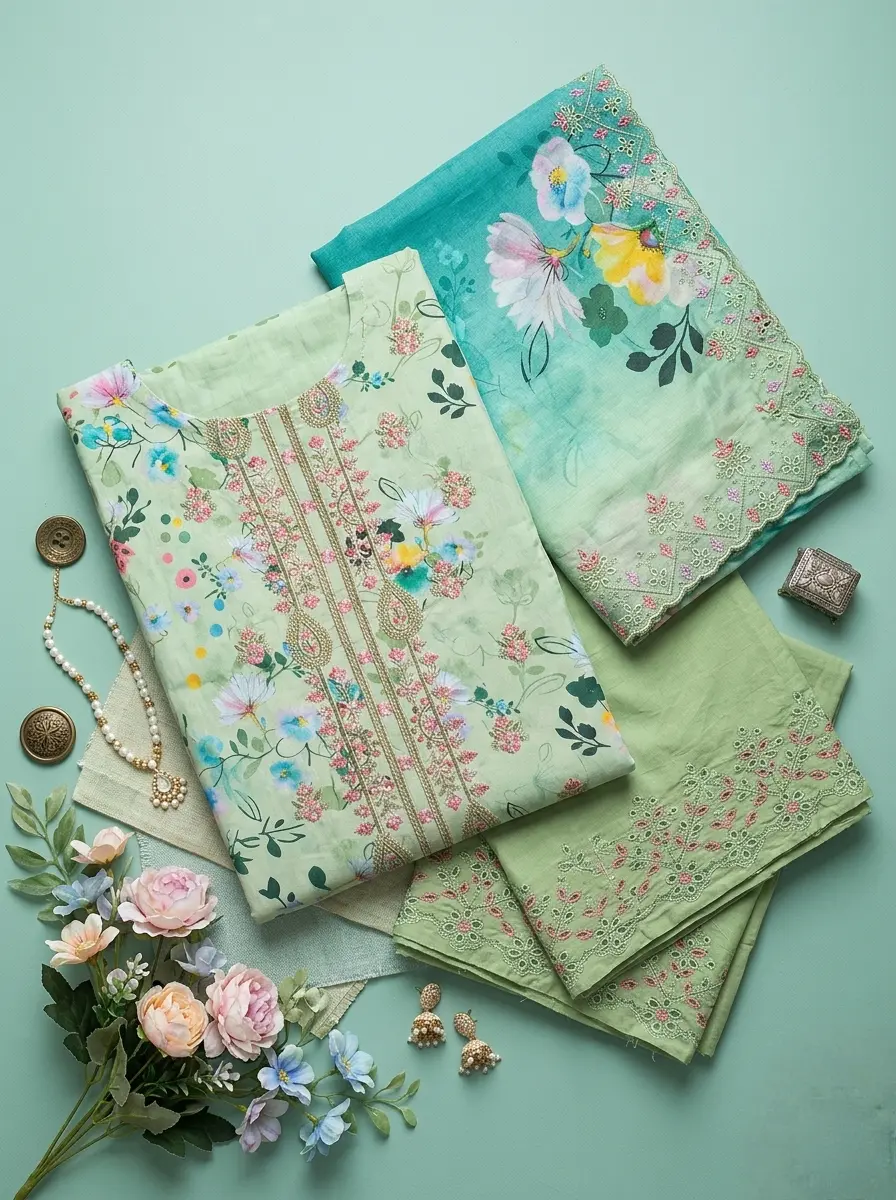 Unstitched Cotton 3-Piece with Sequin & Embroidery – Cucumber