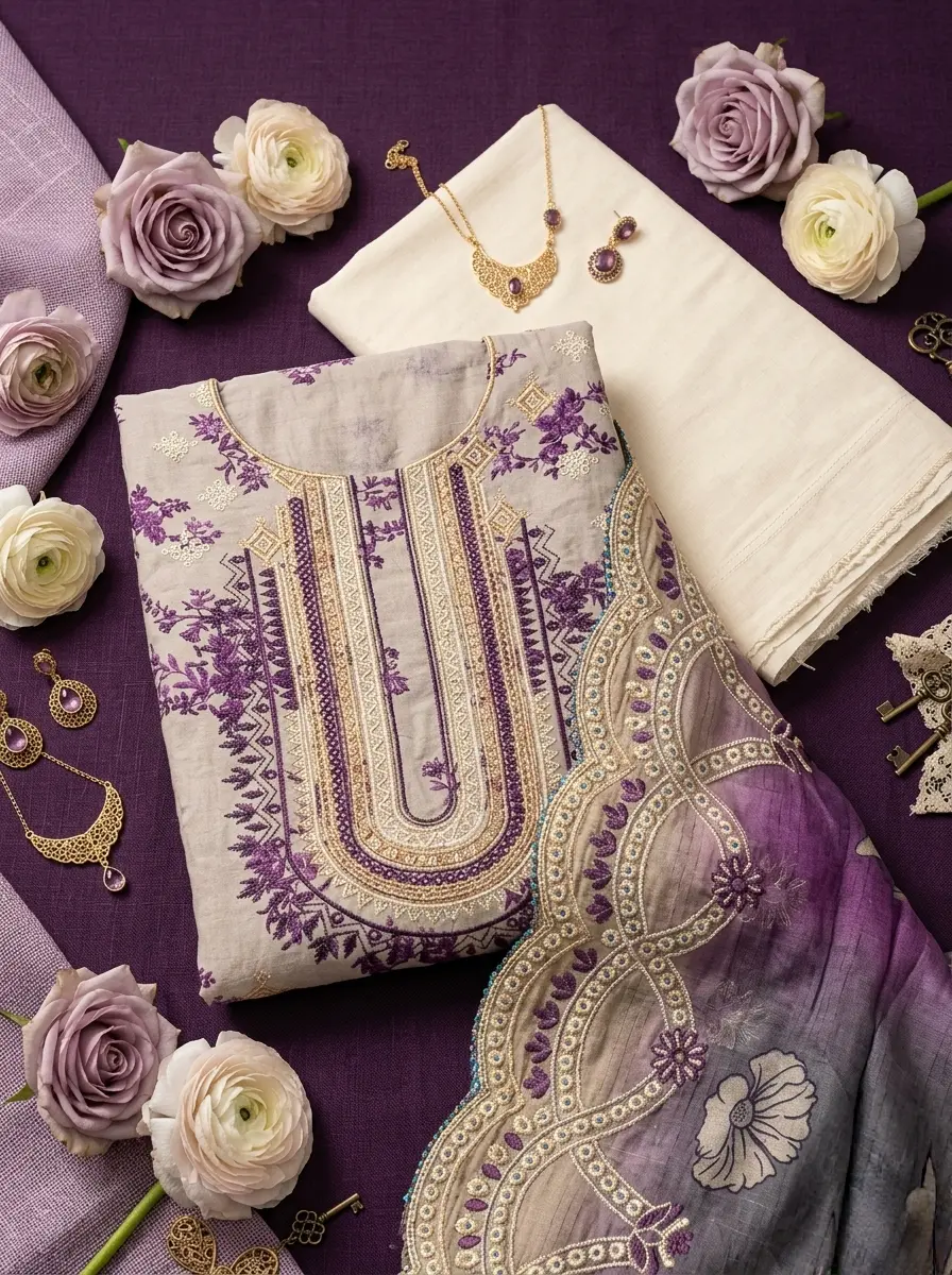 Unstitched Cotton 3-Piece with Sequin & Embroidery – Cafe Latte & Grape Purple