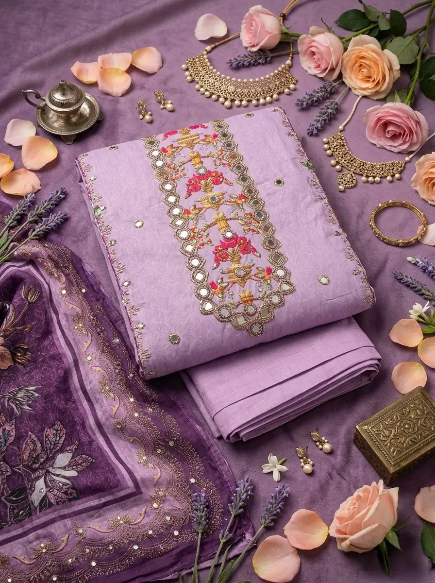 Lahori Boutique Cotton Mirror Work 3-Piece Collection – Purple