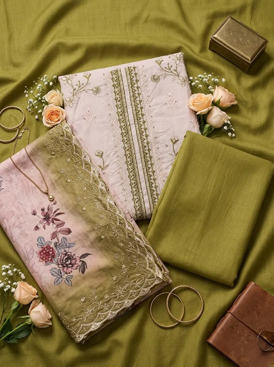 Unstitched Cotton 3-Piece with Sequin & Embroidery – Olive