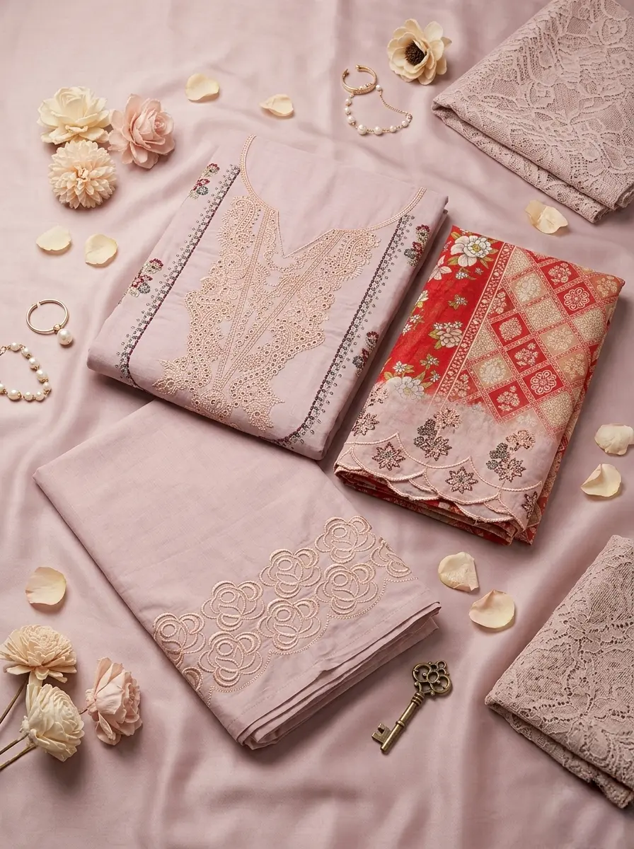Unstitched Cotton 3-Piece with Sequin & Embroidery – Light Pink Beige