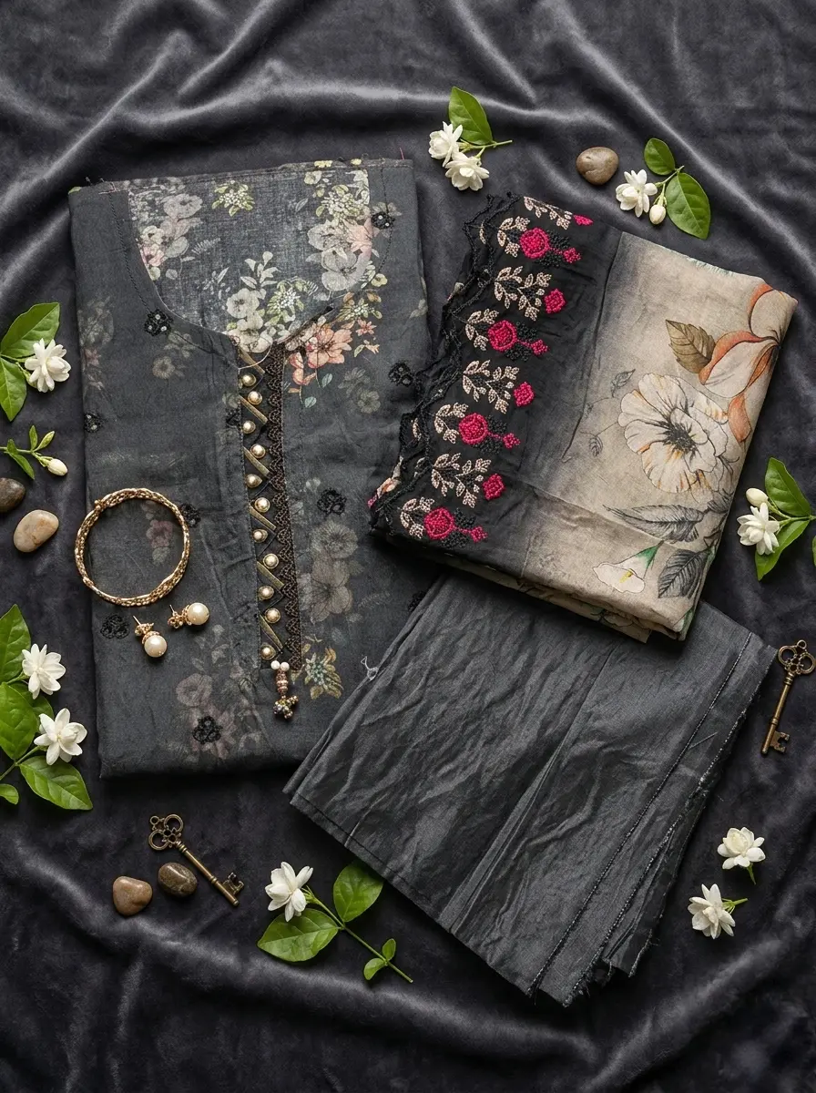 Unstitched Cotton 3-Piece with Sequin & Embroidery – Matte Graphite