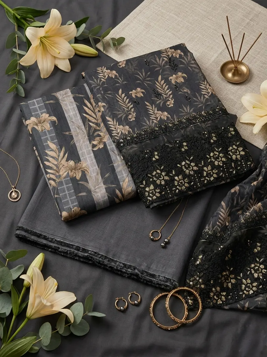 Unstitched Cotton 3-Piece with Sequin & Embroidery – Brushed Black