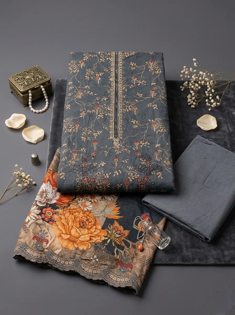 Unstitched Cotton 3-Piece with Sequin & Embroidery – Anchor Gray