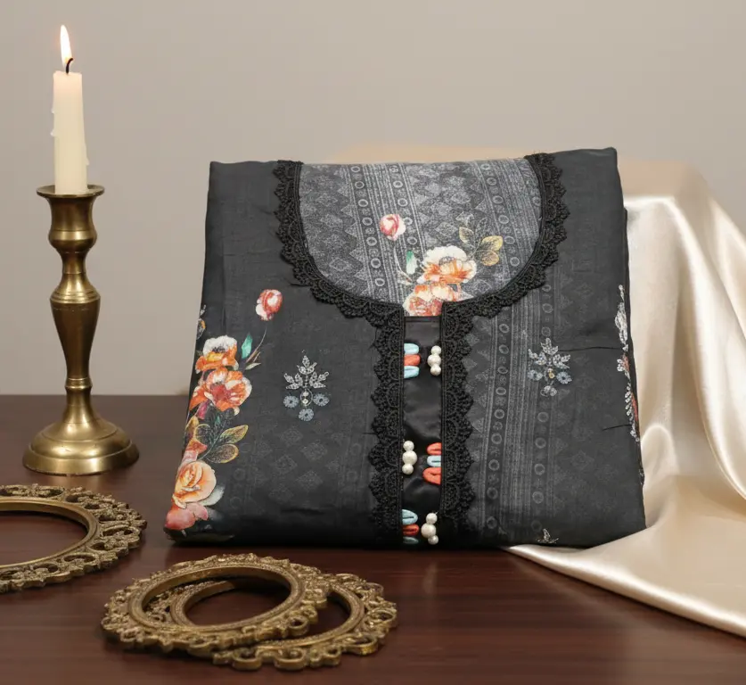 🖤 Unstitched Cotton Sequence & Embroidery 3-Piece – Black 🖤