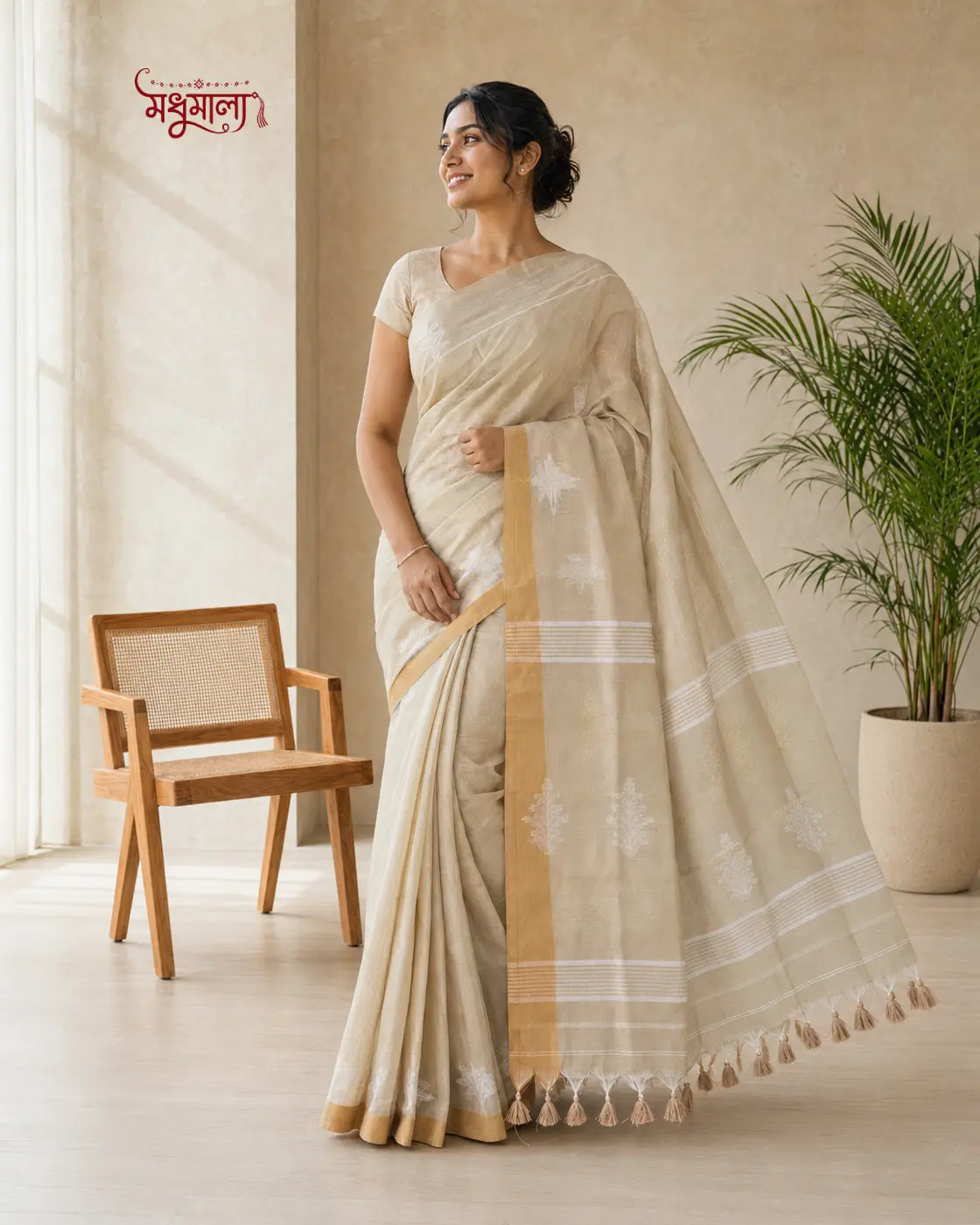 Premium Off-White Handloom Cotton Saree with Golden Border | Modhumala