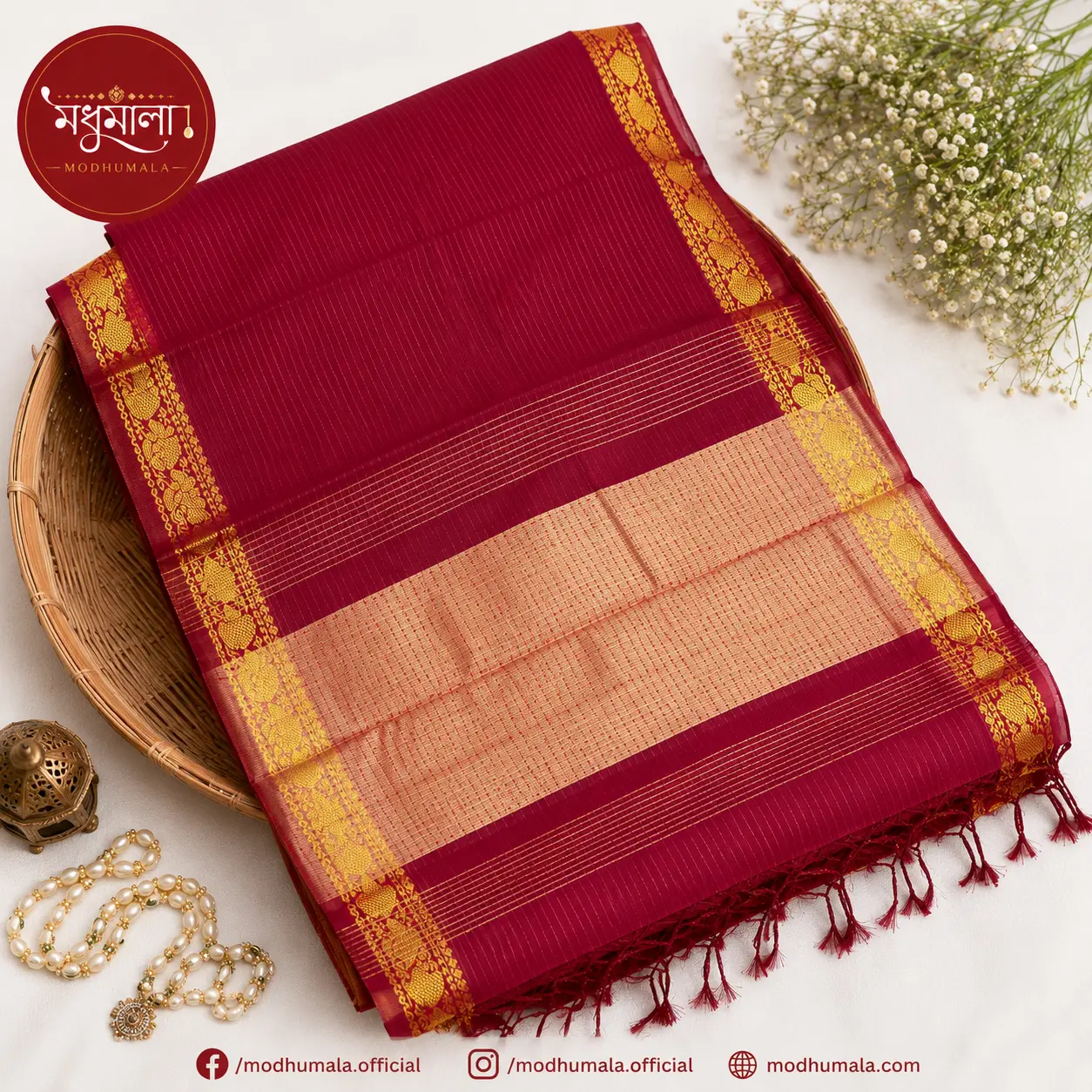 Authentic Handloom Maroon Tangail Saree with Golden Zari Border & Elegant Pallu | Modhumala