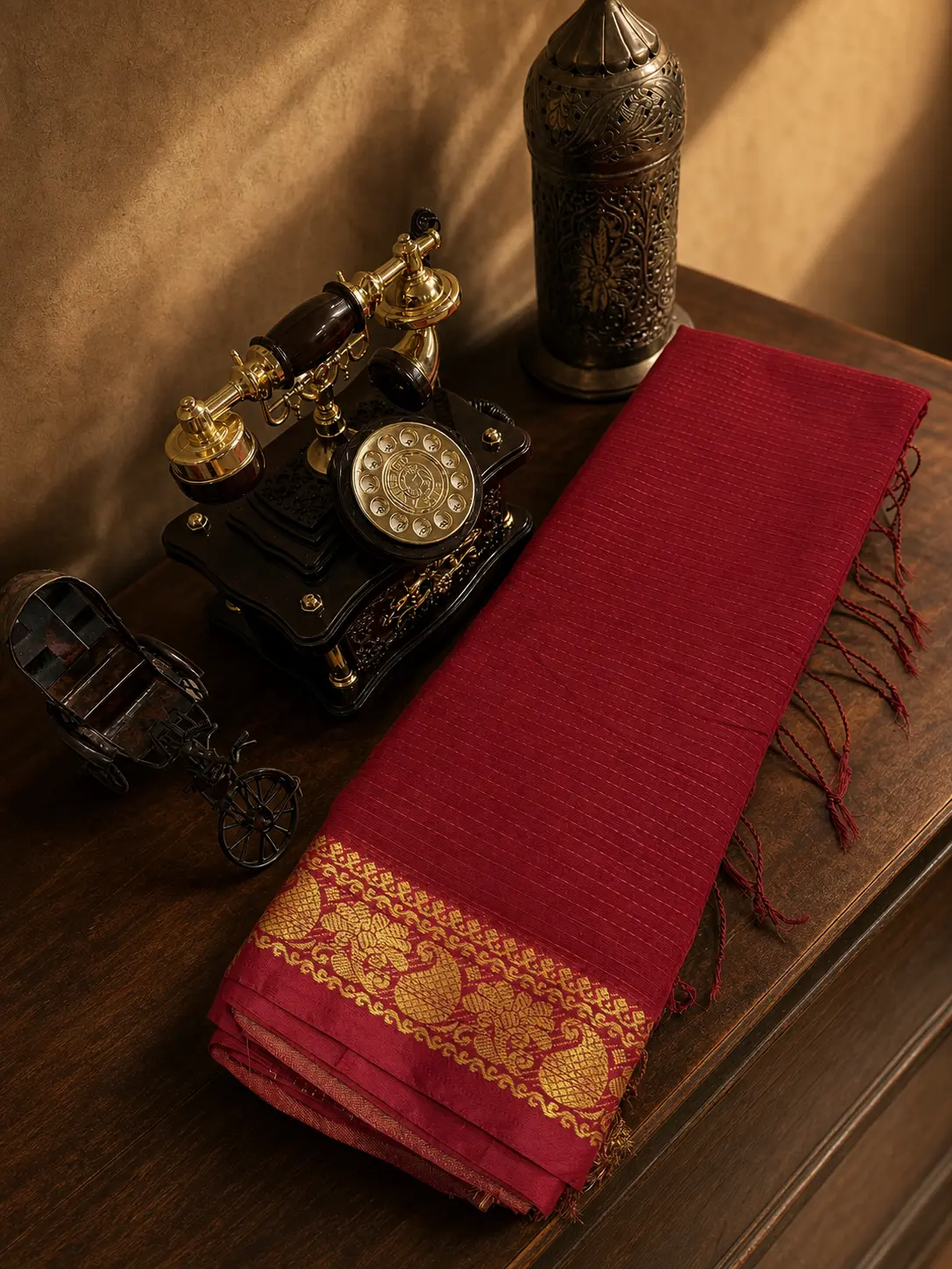 Authentic Handloom Maroon Tangail Saree with Golden Zari Border & Elegant Pallu | Modhumala