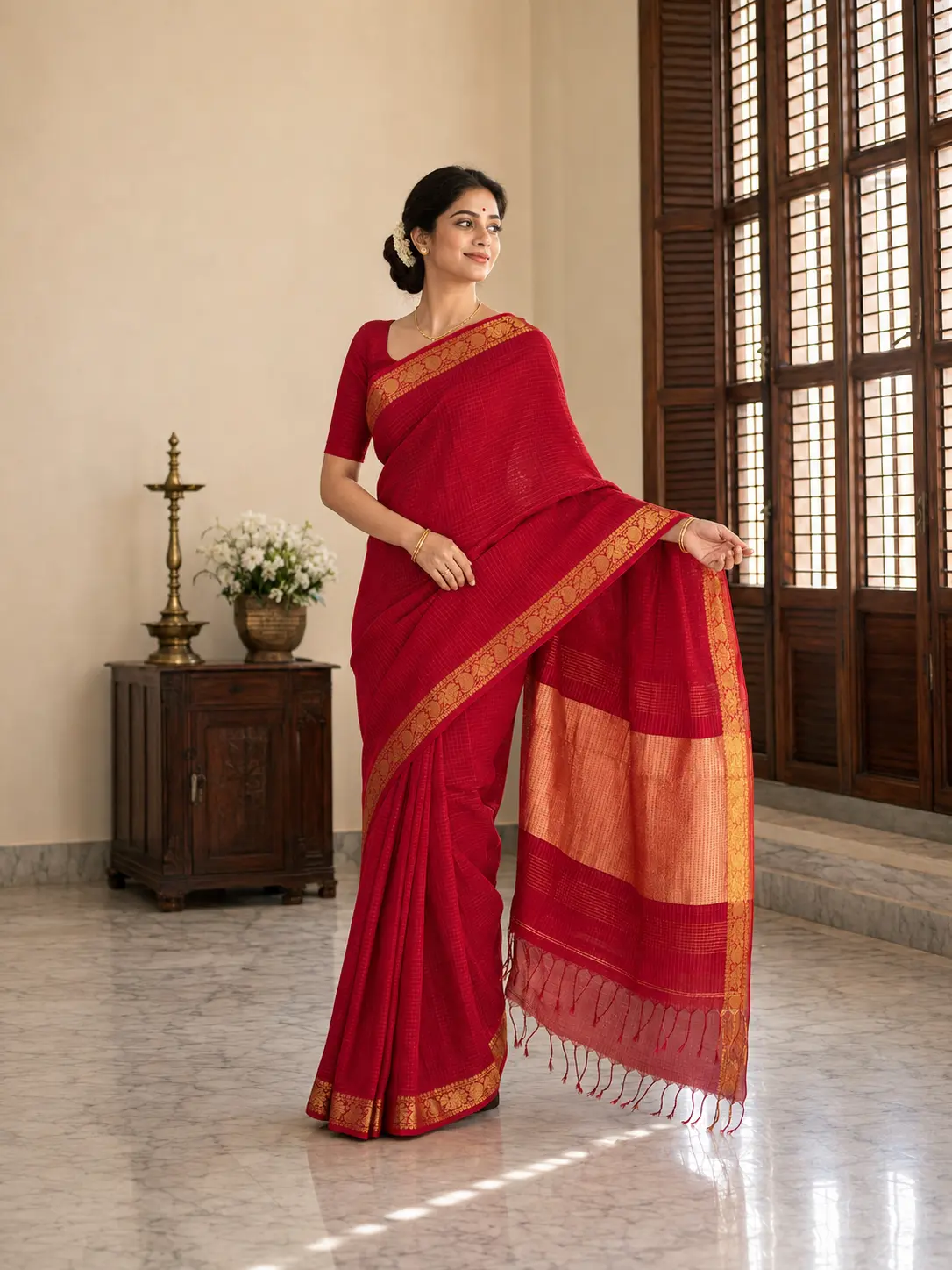 Authentic Handloom Maroon Tangail Saree with Golden Zari Border & Elegant Pallu | Modhumala