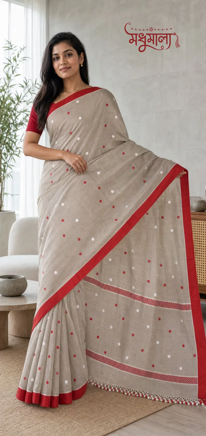 Ash Beige Handloom Saree with Red Border & Polka Buti