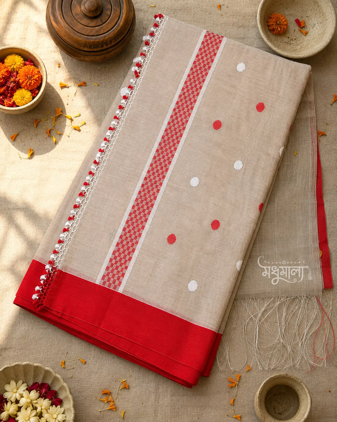Ash Beige Handloom Saree with Red Border & Polka Buti