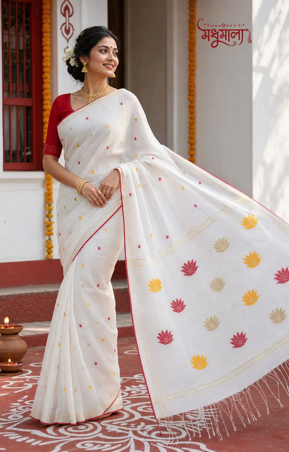 White Handloom Cotton Saree with Lotus Buti